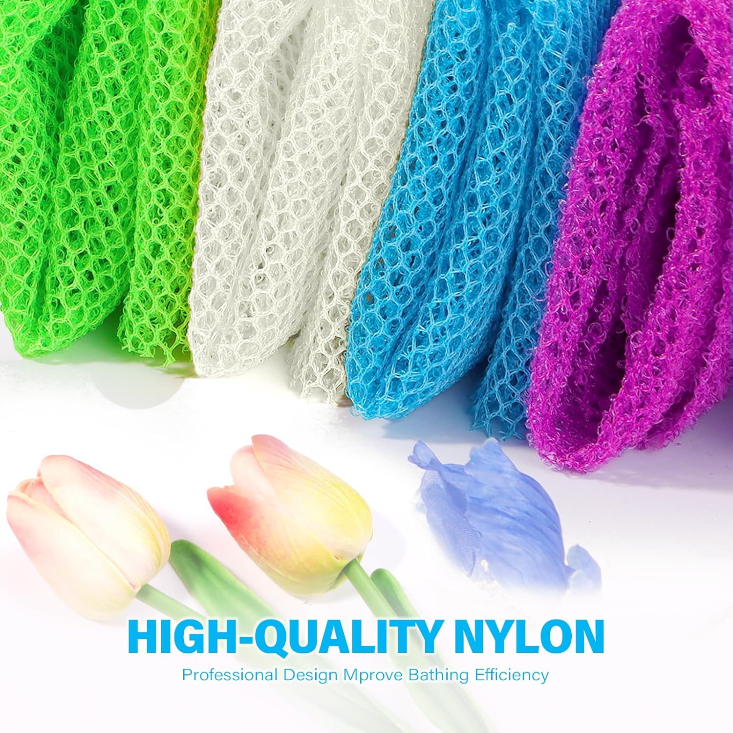 UJFQBH 3 Pieces African Bath Sponge African Net Long Net Bath Sponge Exfoliating Shower Body Scrubber Back Scrubber Skin Smoother,Great for Daily Use (Pink,Yellow,Purple)