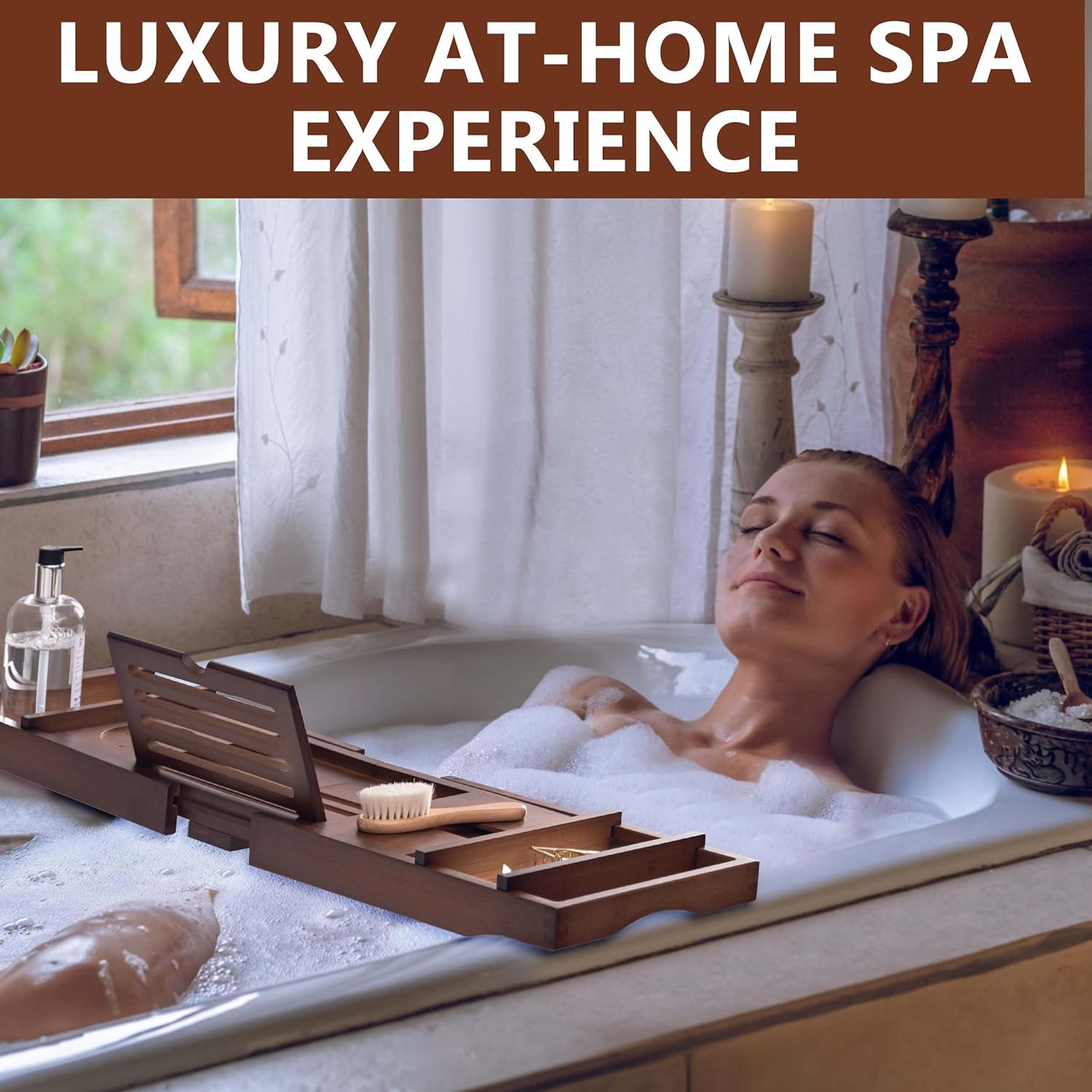 HBlife Bathtub Caddy Tray Foldable Bamboo Bath Table Tray with Book and Wine Glass Holder, Expandable Bathroom Accessories