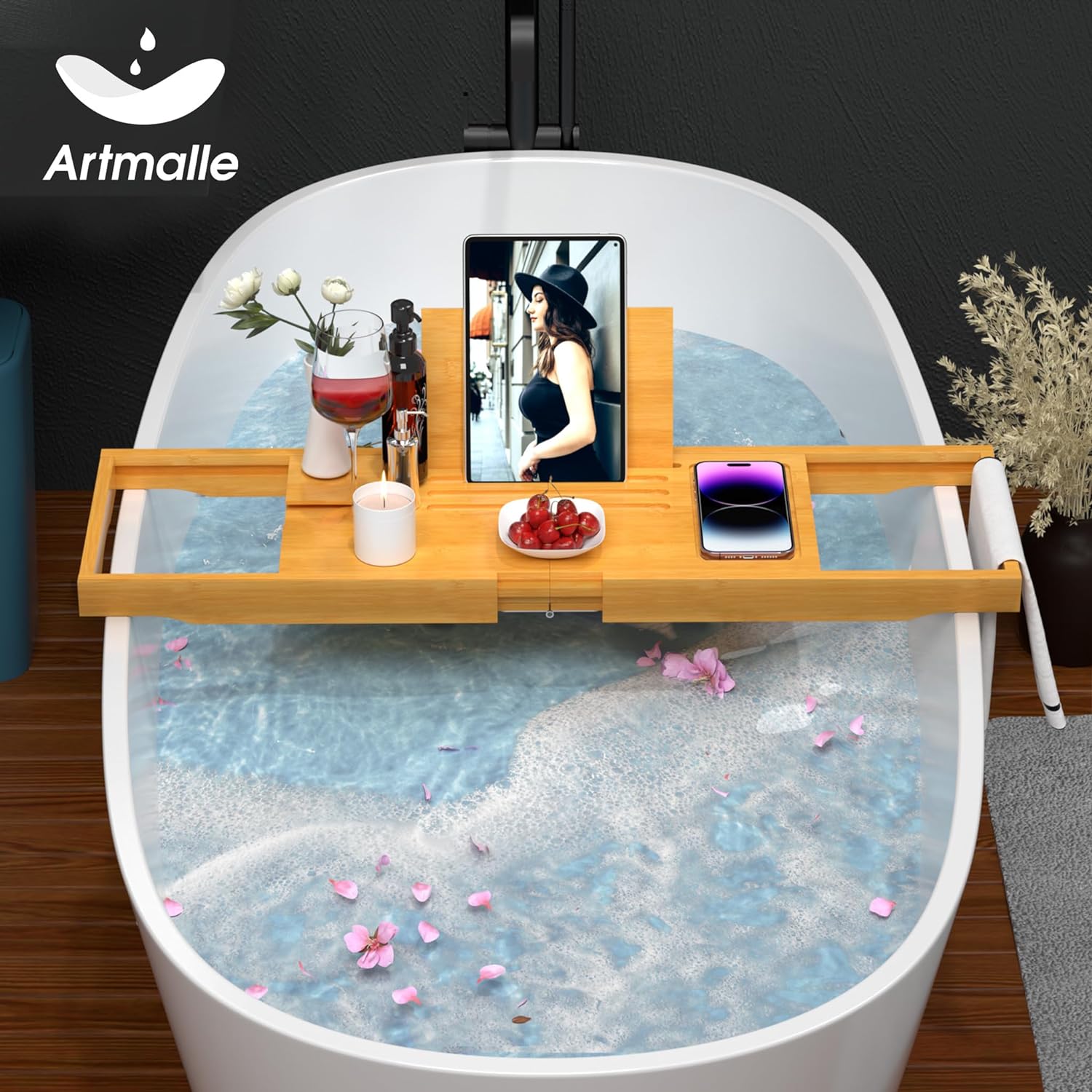 Artmalle Bathtub Caddy Tray for Tub,Foldable Bamboo Bath Table Tray with Book and Wine Glass Holder, Expandable Bathroom Accessories with Free Soap Dish Suitable for Luxury Spa or Reading