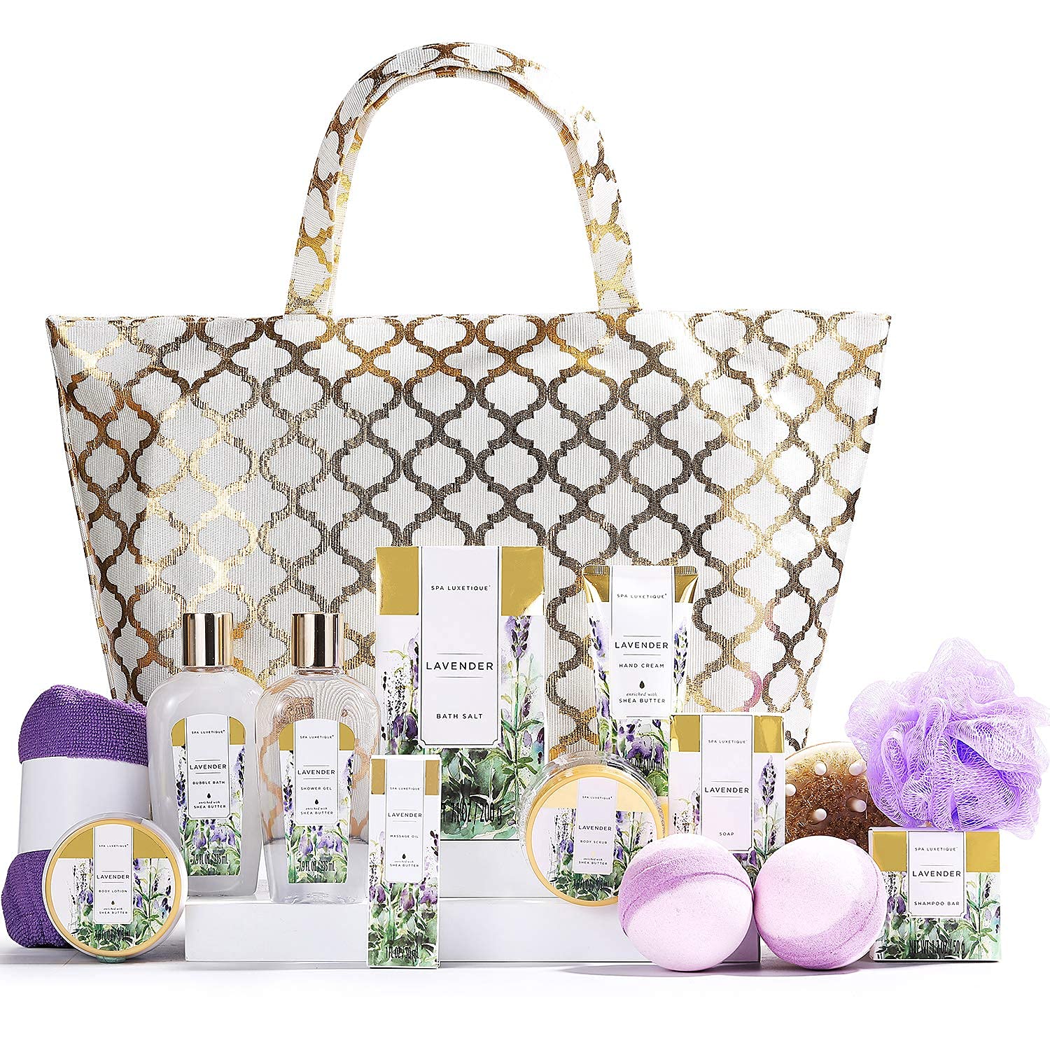 Gift Baskets for Women Spa Gifts for Women 15pcs Lavender Home Spa Kit for Women Gifts Spa Luxetique Bath and Body Gift Sets Tote bag Gifts for Women Birthday Gifts for Women Christmas Gifts for Women