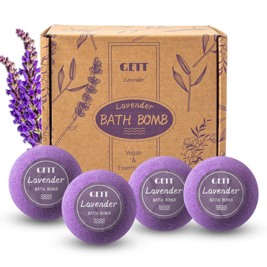 GETT Lavender Bath Bombs 4-pcs, Individually Wrapped Bath Bombs for Men & Women, Luxury Gift Set with Vegan and Essential Oils, Relaxing and Moisturizing Bubble Bath, Organic Bath Essentials for All