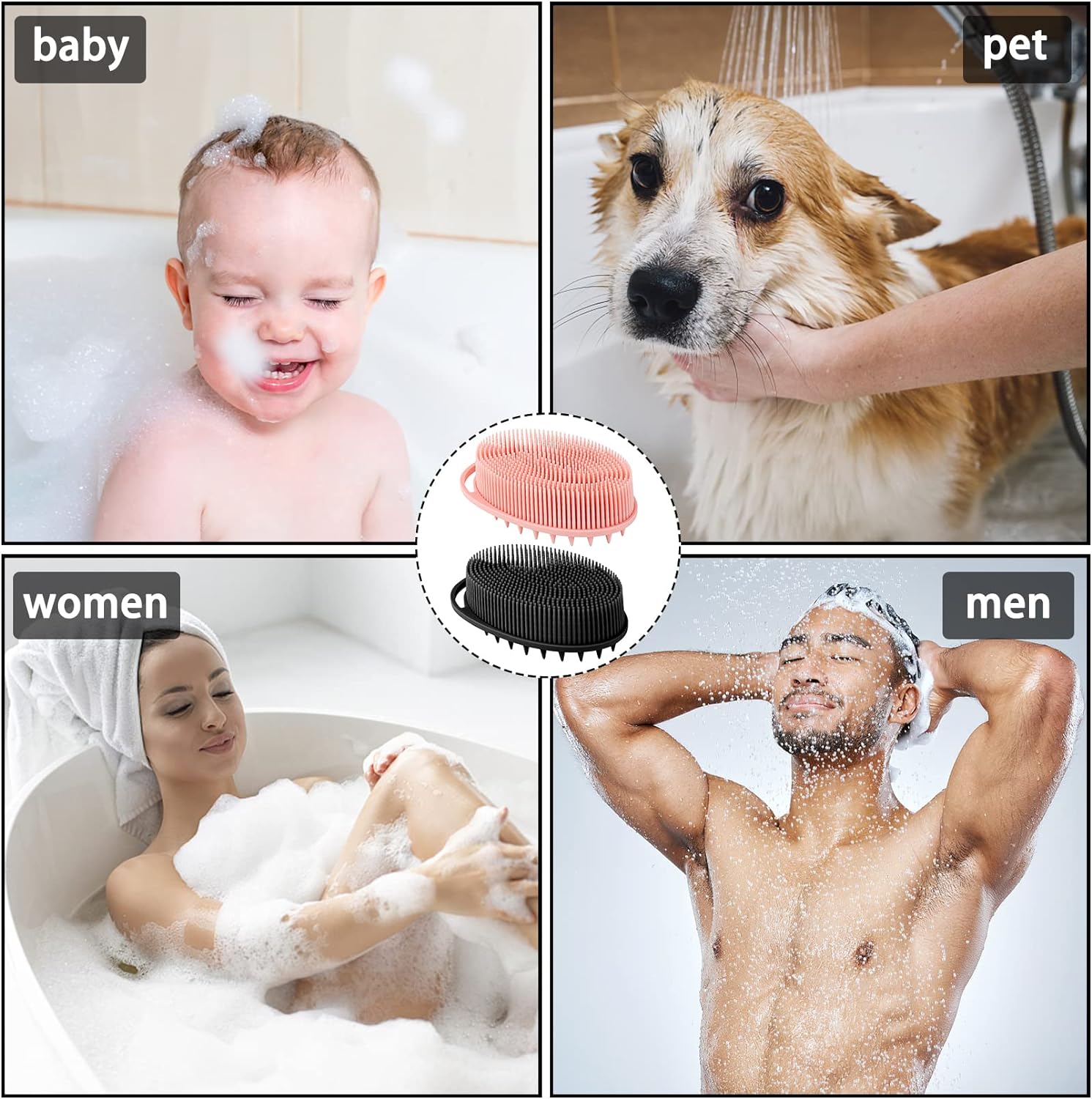 ONLYFU 2PCS Silicone Loofah for Body Wash, 2 in 1 Exfoliating and Massaging Hair Body Scrubber, Skin-Friendly Scalp Massager (Black and Pink)