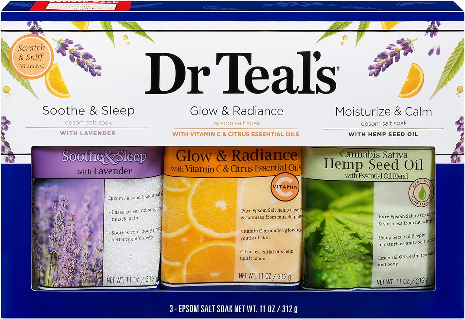 Dr Teal's Epsom Salt Trio Gift Set (3 14 oz Bags) - Soothe & Sleep, Glow Radiance, Moisturize Calm Treat Youe Skin, Senses, Stress at Home Spa Kit Achy Muscles 42 Ounce)