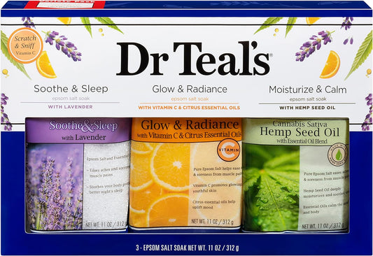 Dr Teal's Epsom Salt Trio Gift Set (3 14 oz Bags) - Soothe & Sleep, Glow Radiance, Moisturize Calm Treat Youe Skin, Senses, Stress at Home Spa Kit Achy Muscles 42 Ounce)
