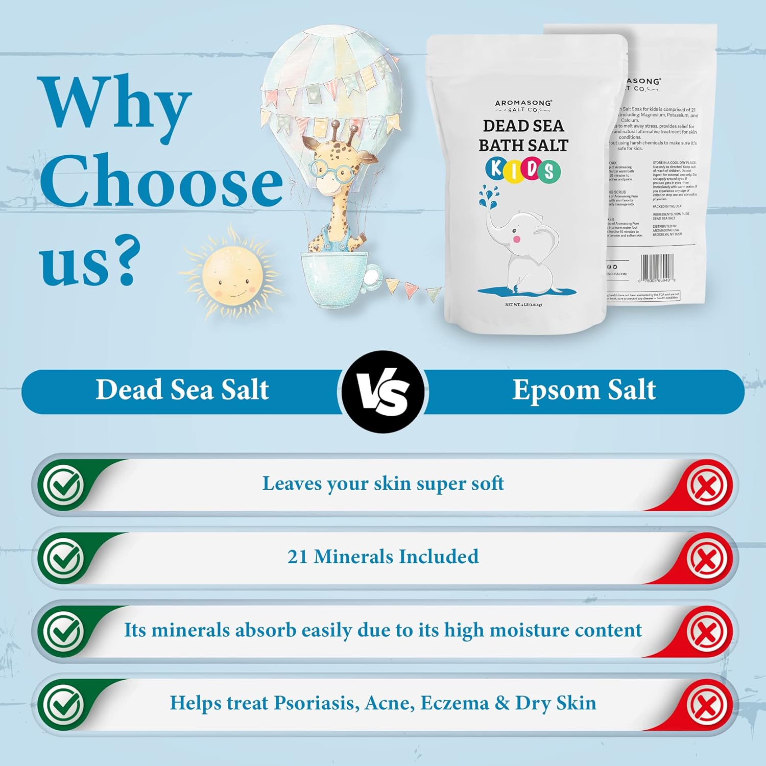 Aromasong Dead Sea Salt for Kids Bath Soak, 4 Lbs. Fine Grain Large Bulk resealable Pack, 100% Pure & Natural.