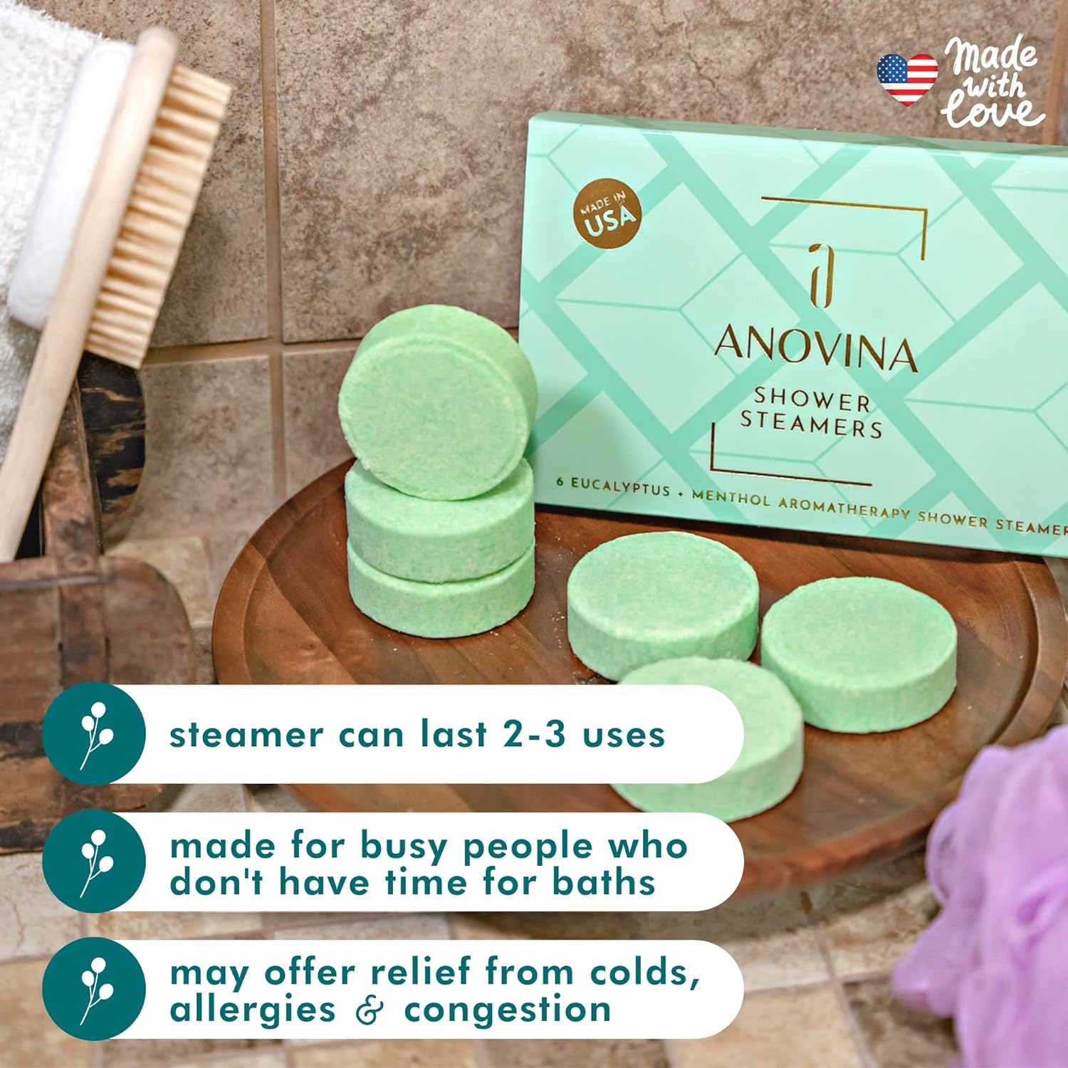 Anovina 6XL Eucalyptus Essential Oil Shower Steamers Gift Box. Proudly Made in USA. Shower Tablets Gifts for Men and Women. Shower Bomb Aromatherapy. Self Care Aromatherapy Gifts for All Occasions