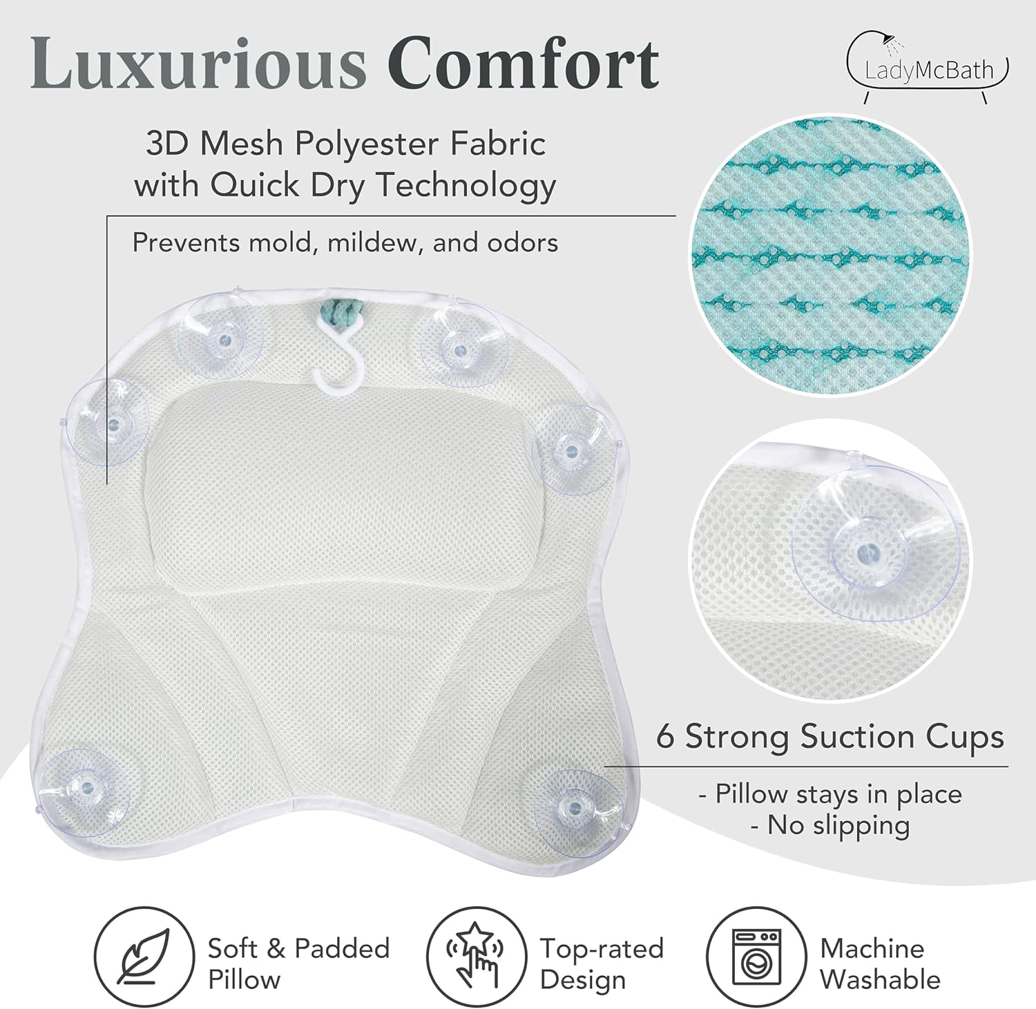 Lady McBath Bath Pillow - Luxury Bath Pillows for Tub Neck and Back Support - Powerful Suction Cups, Machine Washable Bathtub Accessory for Relaxation (Turquoise)
