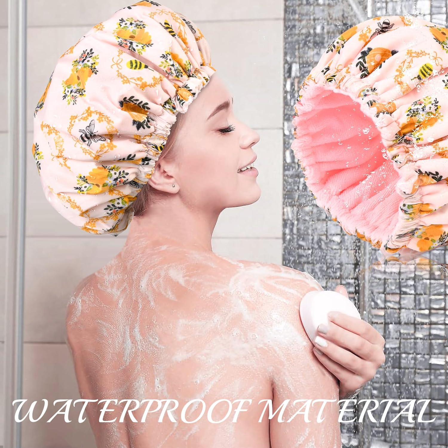 Shower Cap for Women Terry Lined Bath Cap Large Reusable Waterproof Elastic Band Pink Shower Caps for Long Thick Hair Soft Bath Shower Hair Caps