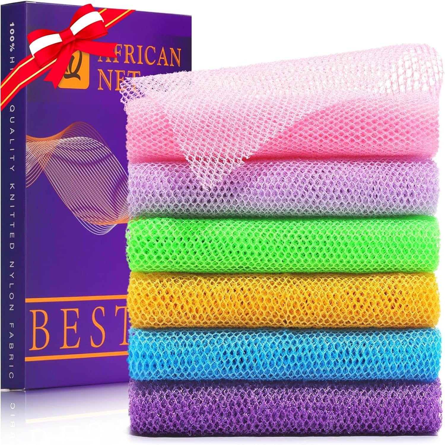 UJFQBH 3 Pieces African Bath Sponge African Net Long Net Bath Sponge Exfoliating Shower Body Scrubber Back Scrubber Skin Smoother,Great for Daily Use (Pink,Yellow,Purple)