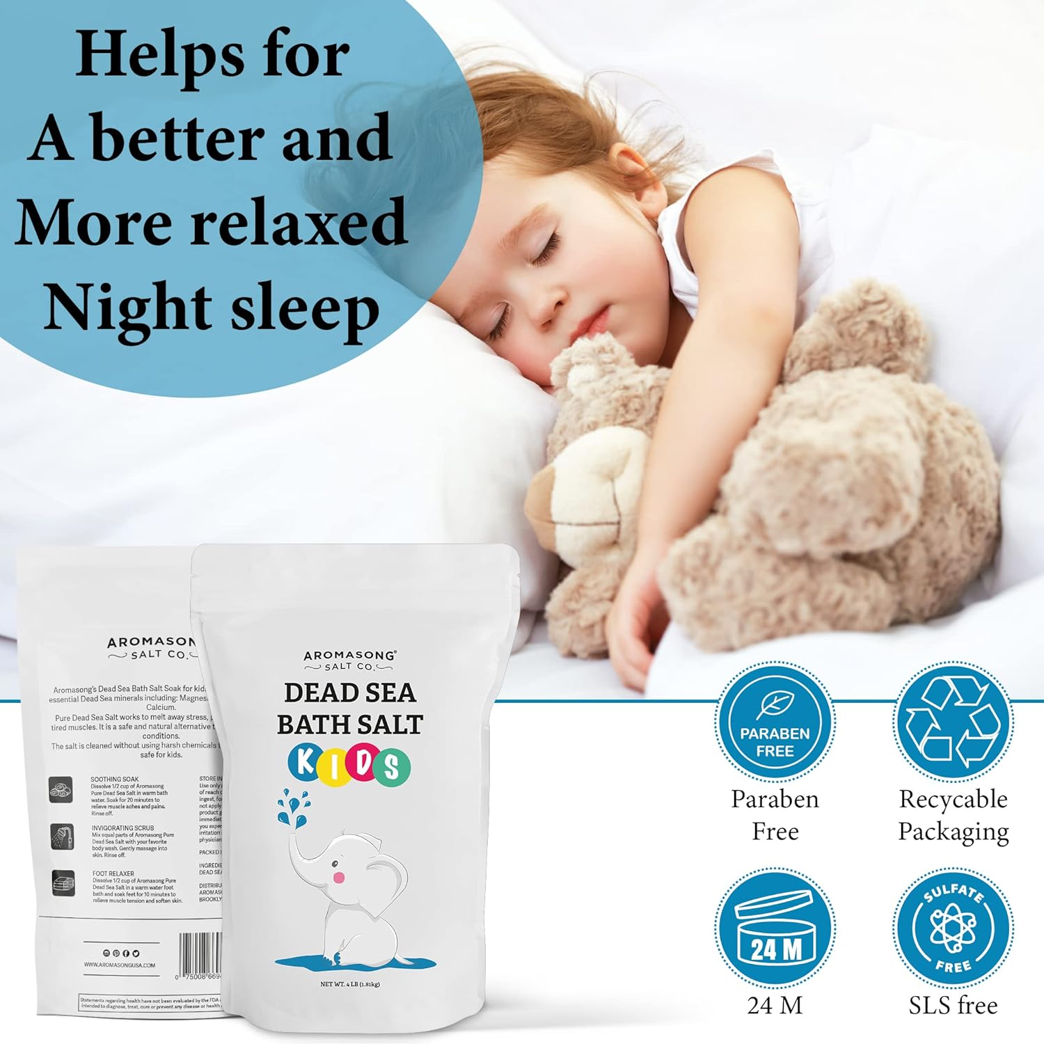 Aromasong Dead Sea Salt for Kids Bath Soak, 4 Lbs. Fine Grain Large Bulk resealable Pack, 100% Pure & Natural.