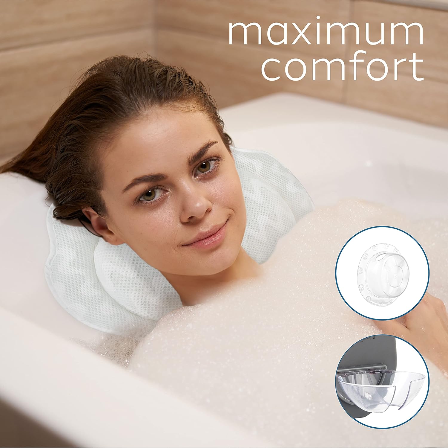 Charmont Luxury Bath Pillow Set, Relaxing Spa Bathtub Headrest for Head and Neck Support, Slip Resistant Waterproof Bathtub Cushion Strong Suction for Soaking Tub 3D Air Mesh with Accessories
