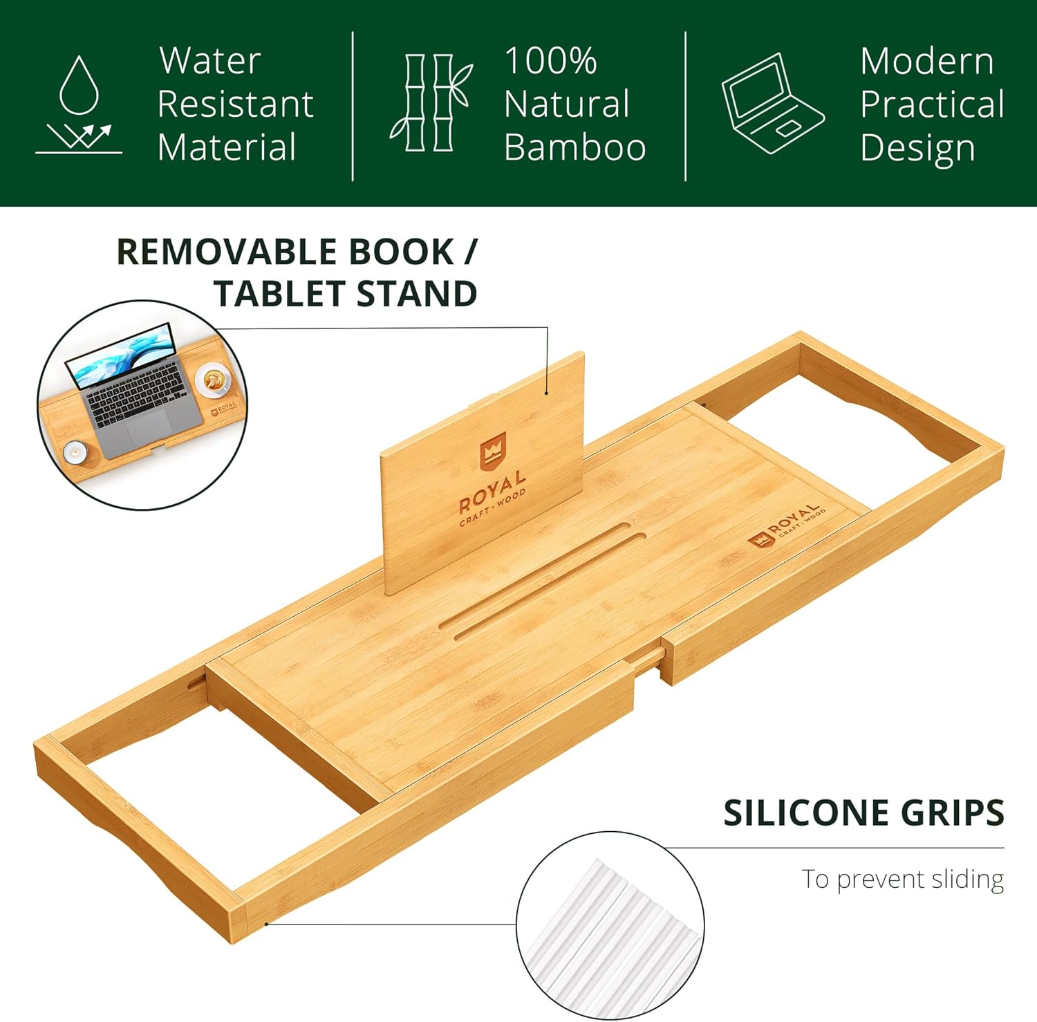 ROYAL CRAFT WOOD Foldable Bathtub Tray Caddy Bamboo Bathtub Tray Expandable, Bath Tub Table Caddy with Extending Sides - Free Soap Dish