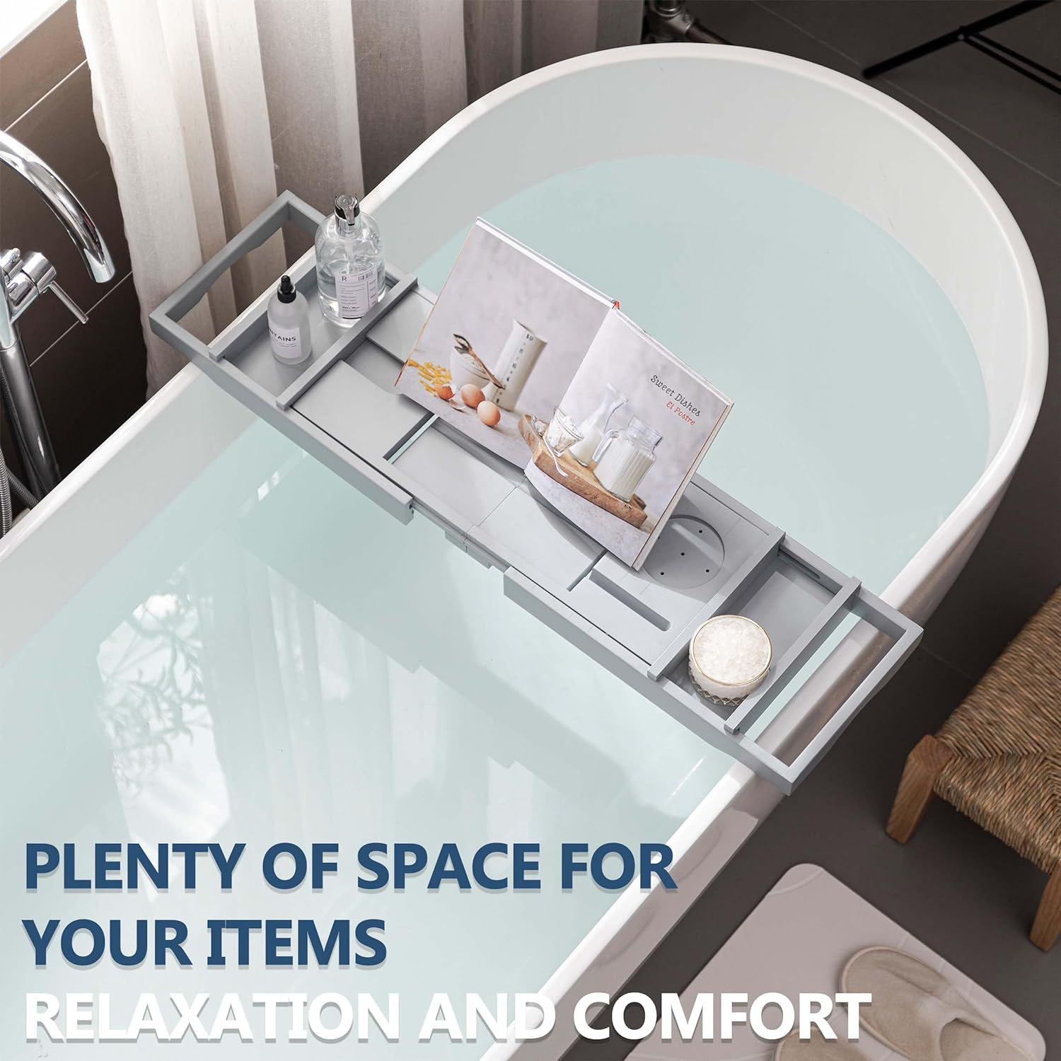 HBlife Bathtub Caddy Tray Foldable Bamboo Bath Table Tray with Book and Wine Glass Holder, Expandable Bathroom Accessories