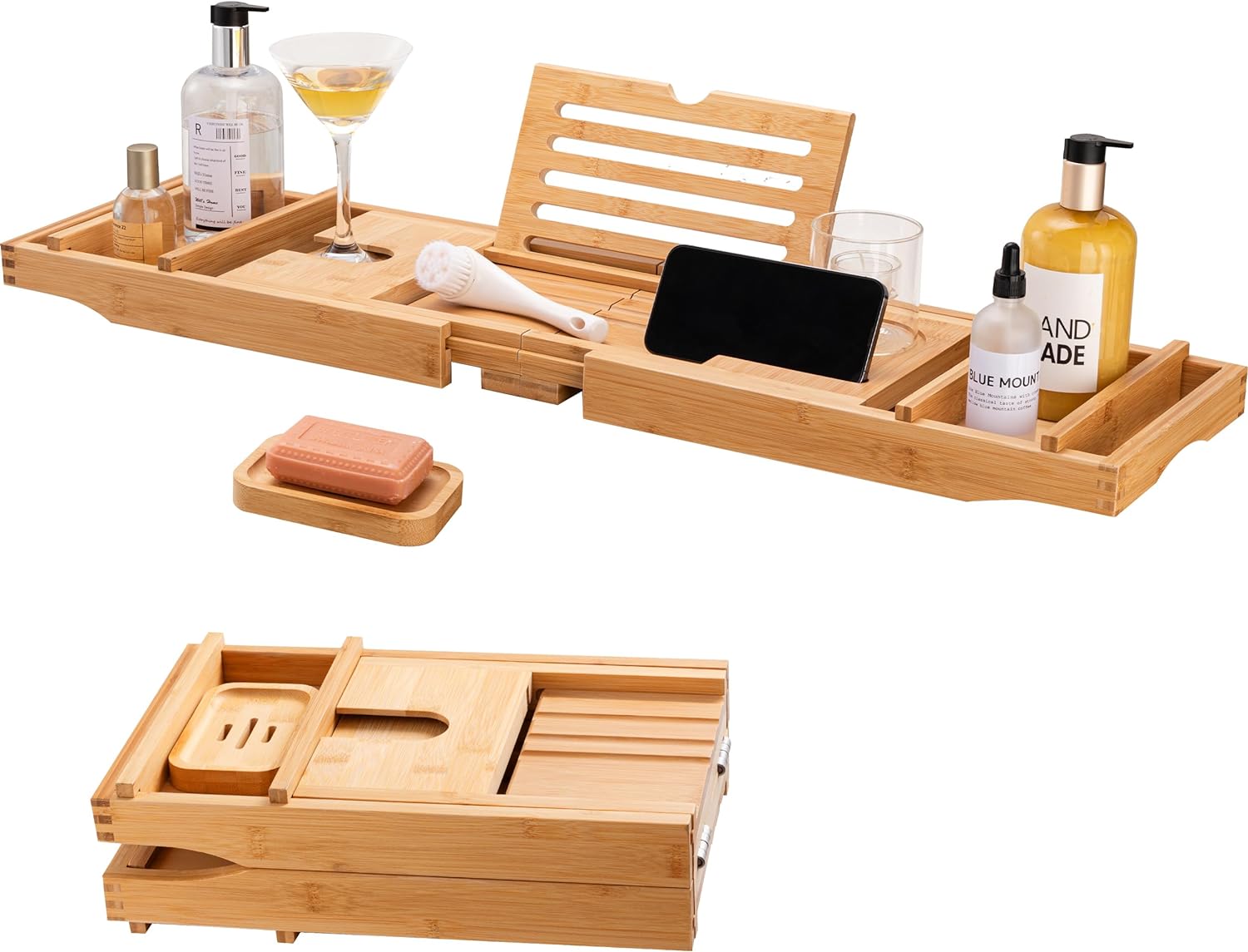HBlife Bathtub Caddy Tray Foldable Bamboo Bath Table Tray with Book and Wine Glass Holder, Expandable Bathroom Accessories