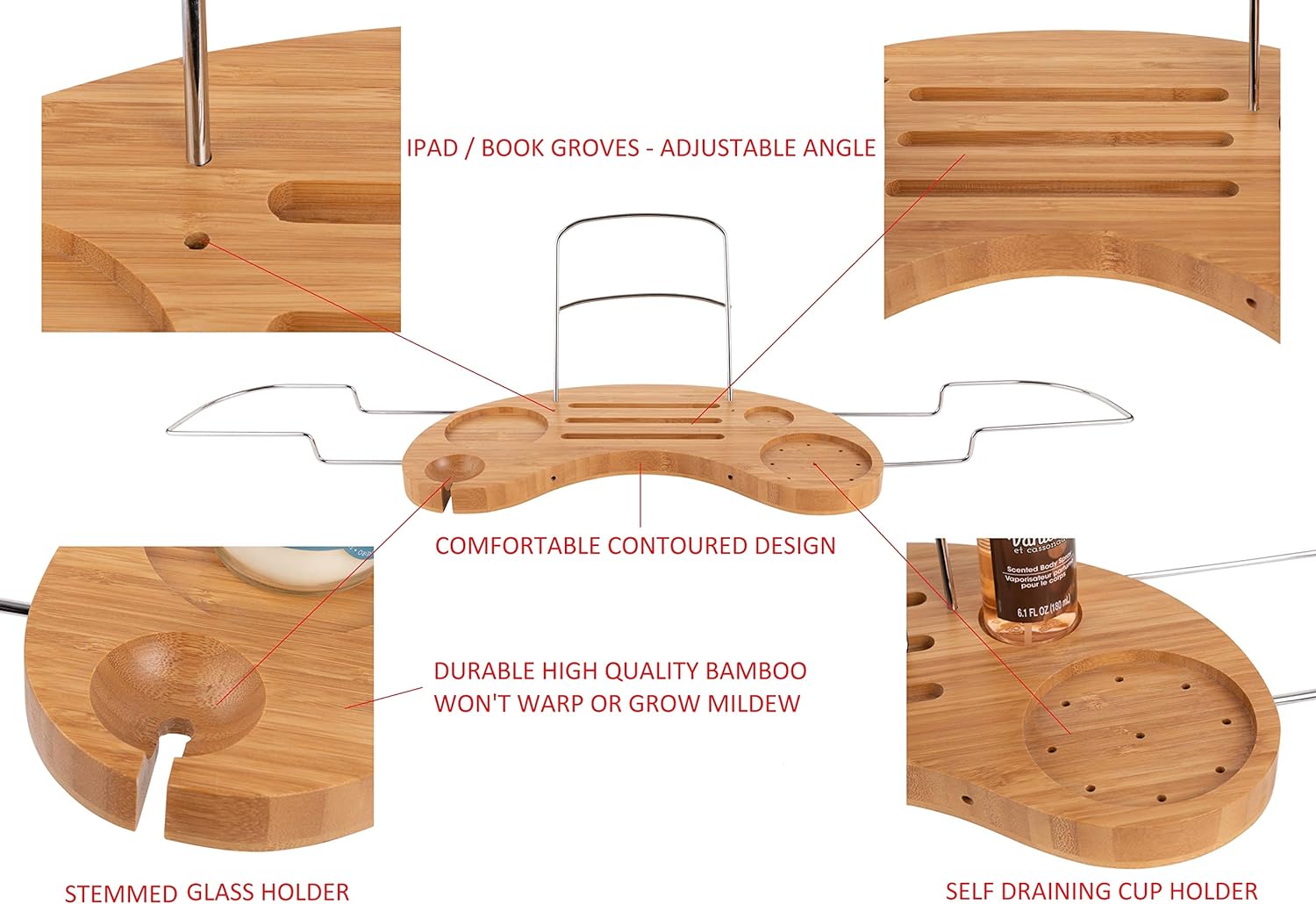 Olivia & Aiden Luxury Bathtub Caddy Tray (Bamboo) Expandable Tub Organizer w/Detachable Tablet Backrest, Wine Glass Holder, Smartphone Holder | Portable Spa Comfort