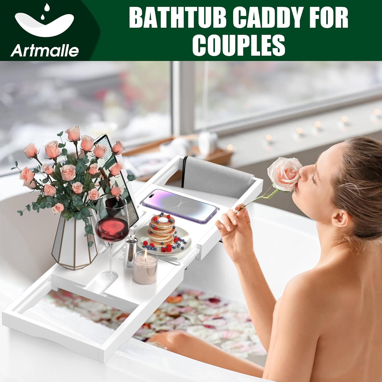 Artmalle Bathtub Caddy Tray for Tub,Foldable Bamboo Bath Table Tray with Book and Wine Glass Holder, Expandable Bathroom Accessories with Free Soap Dish Suitable for Luxury Spa or Reading