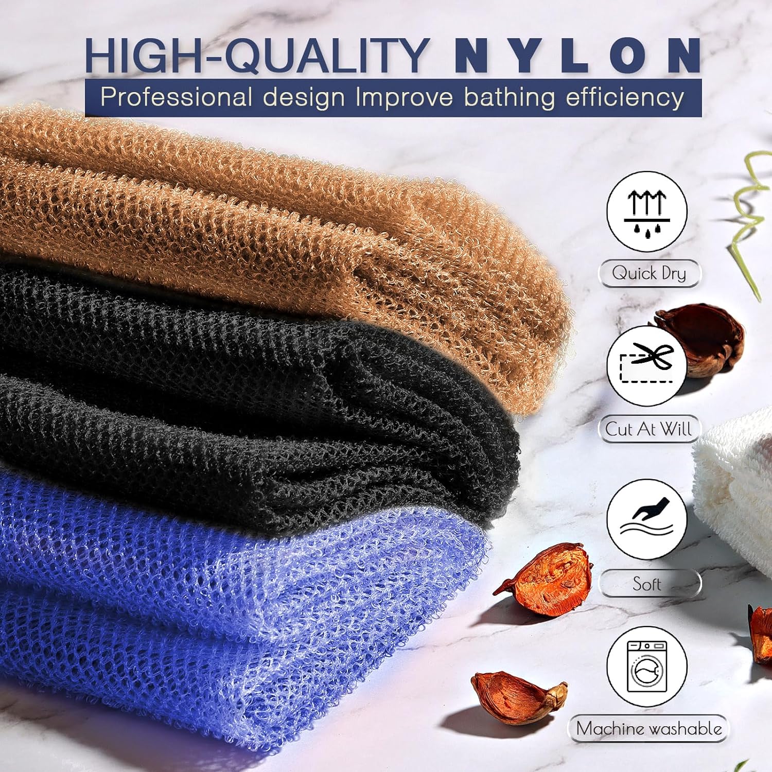 UJFQBH 3 Pieces African Bath Sponge African Net Long Net Bath Sponge Exfoliating Shower Body Scrubber Back Scrubber Skin Smoother,Great for Daily Use (Pink,Yellow,Purple)