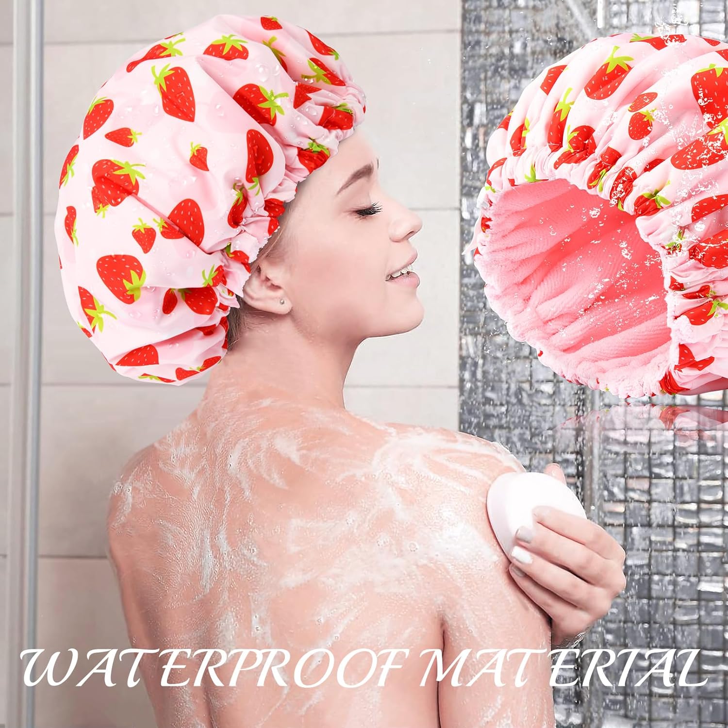 Shower Cap for Women Terry Lined Bath Cap Large Reusable Waterproof Elastic Band Pink Shower Caps for Long Thick Hair Soft Bath Shower Hair Caps