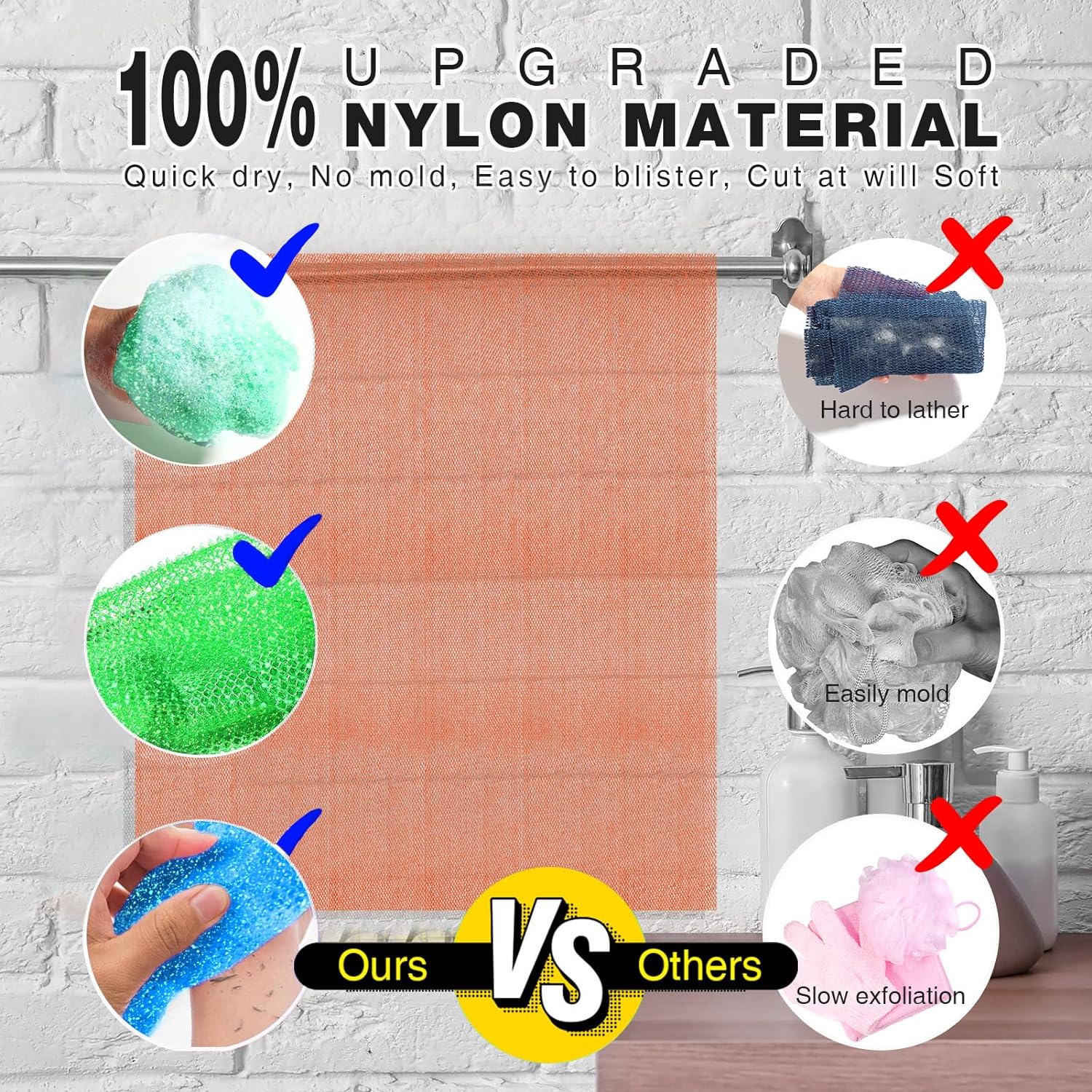 UJFQBH 3 Pieces African Bath Sponge African Net Long Net Bath Sponge Exfoliating Shower Body Scrubber Back Scrubber Skin Smoother,Great for Daily Use (Pink,Yellow,Purple)