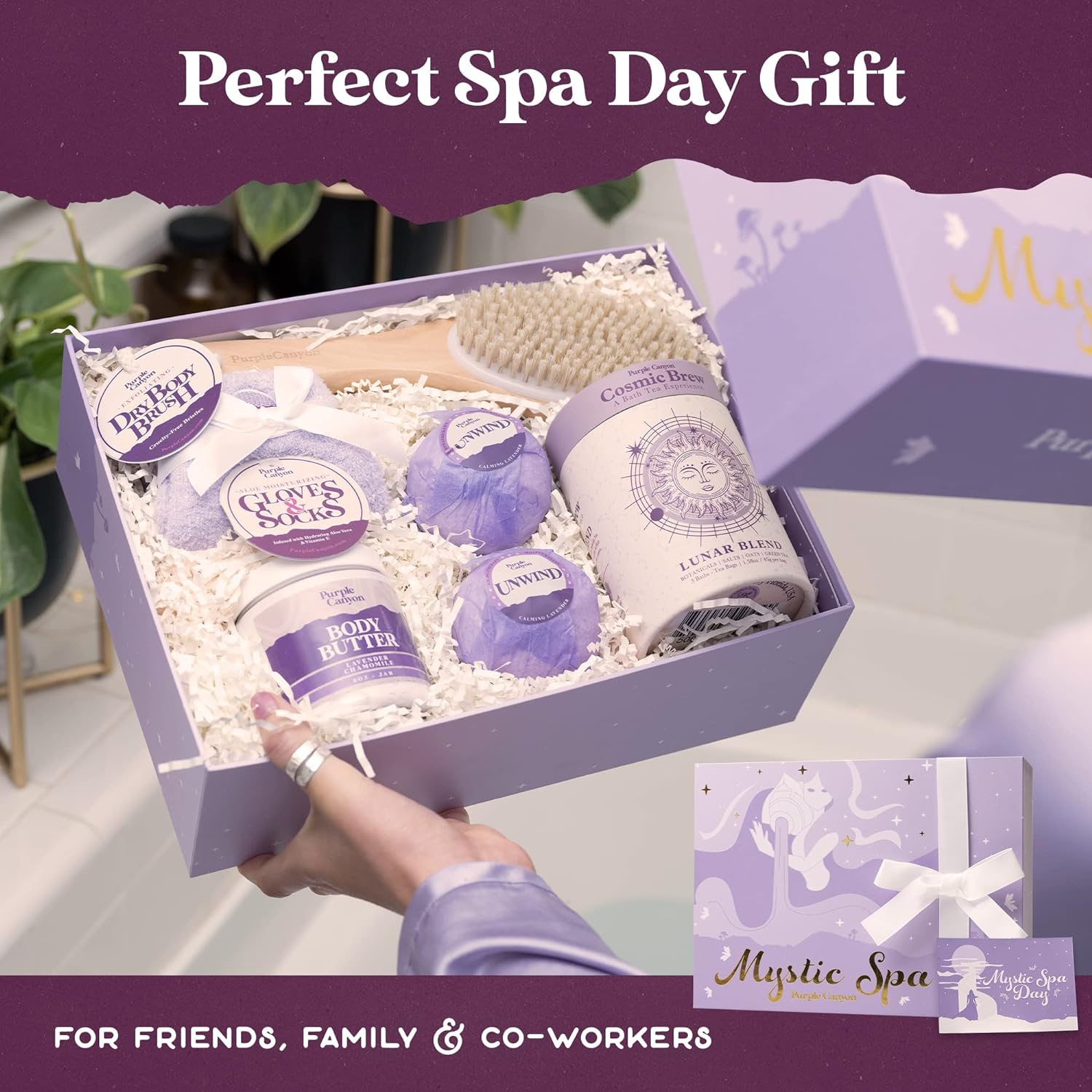 Purple Canyon Mystic Spa Box | 7 Piece Full Size Lavender Spa Kit for Self Care | Bath and Body Gifts for Women