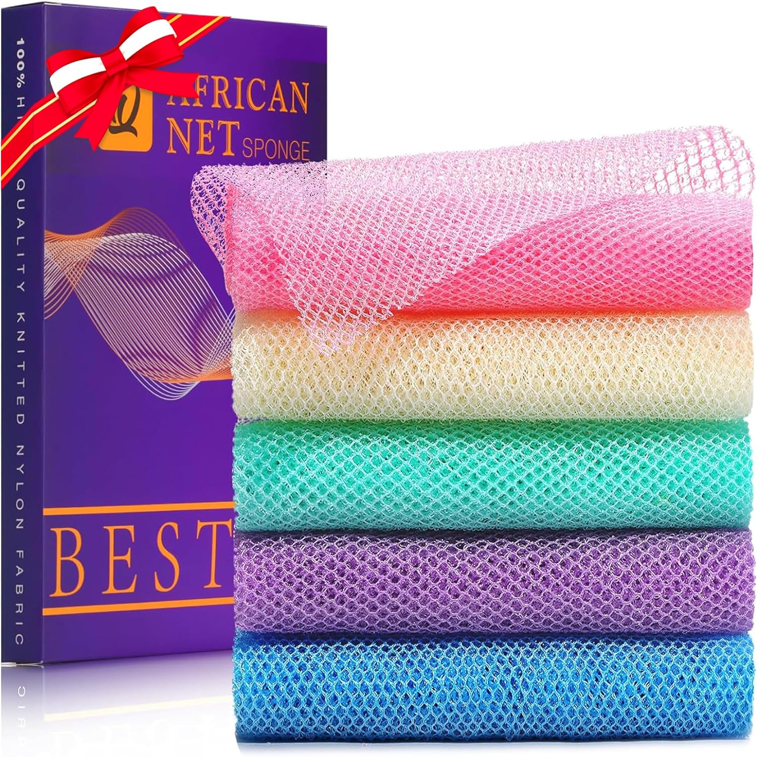 UJFQBH 3 Pieces African Bath Sponge African Net Long Net Bath Sponge Exfoliating Shower Body Scrubber Back Scrubber Skin Smoother,Great for Daily Use (Pink,Yellow,Purple)