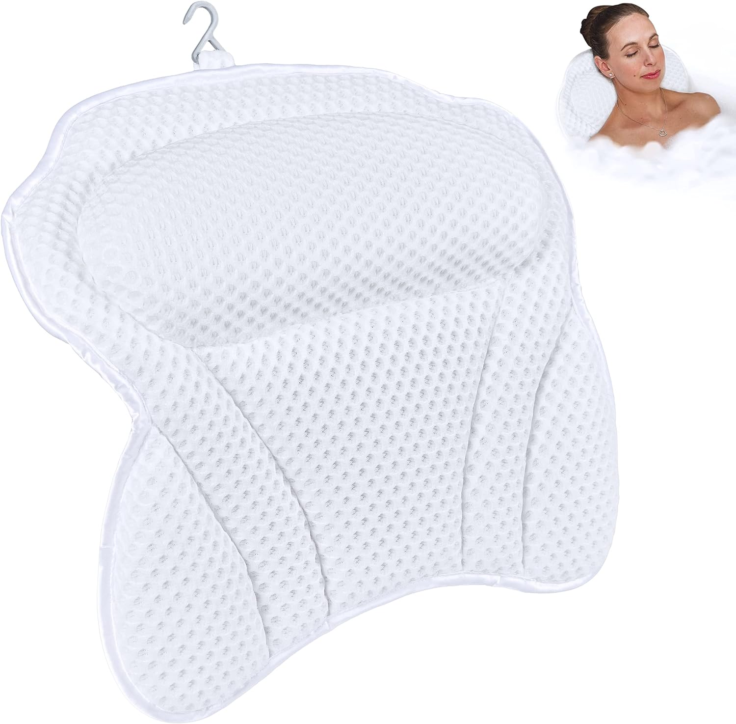 Bath Pillow Bathtub Pillow Back Neck Support Pillow, Spa Cushion for Tub, Relaxing Headrest Bath Pillow, Portable Washable Bathtub Accessories with 3D Air Mesh Thick Soft Bath Pillow, White