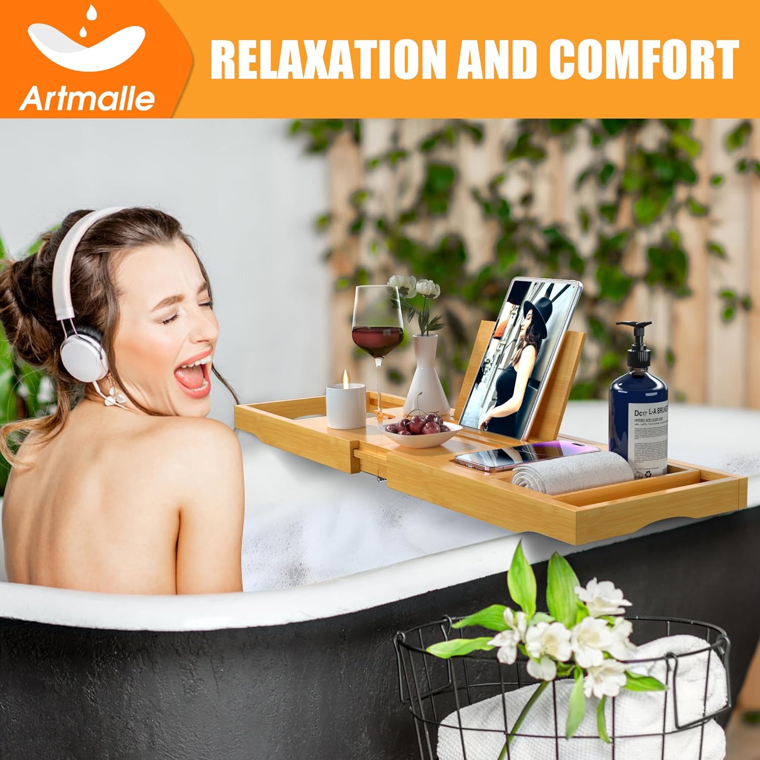 Artmalle Bathtub Caddy Tray for Tub,Foldable Bamboo Bath Table Tray with Book and Wine Glass Holder, Expandable Bathroom Accessories with Free Soap Dish Suitable for Luxury Spa or Reading