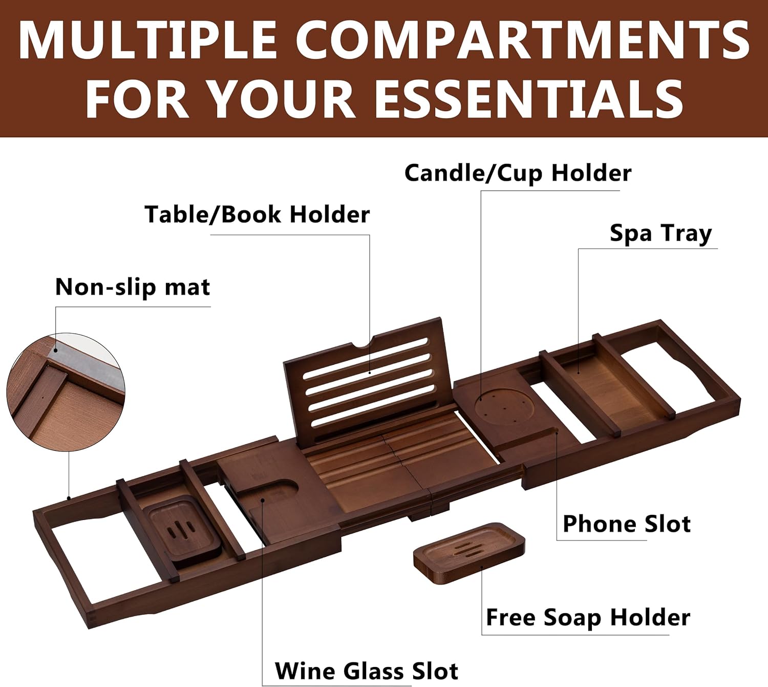 HBlife Bathtub Caddy Tray Foldable Bamboo Bath Table Tray with Book and Wine Glass Holder, Expandable Bathroom Accessories