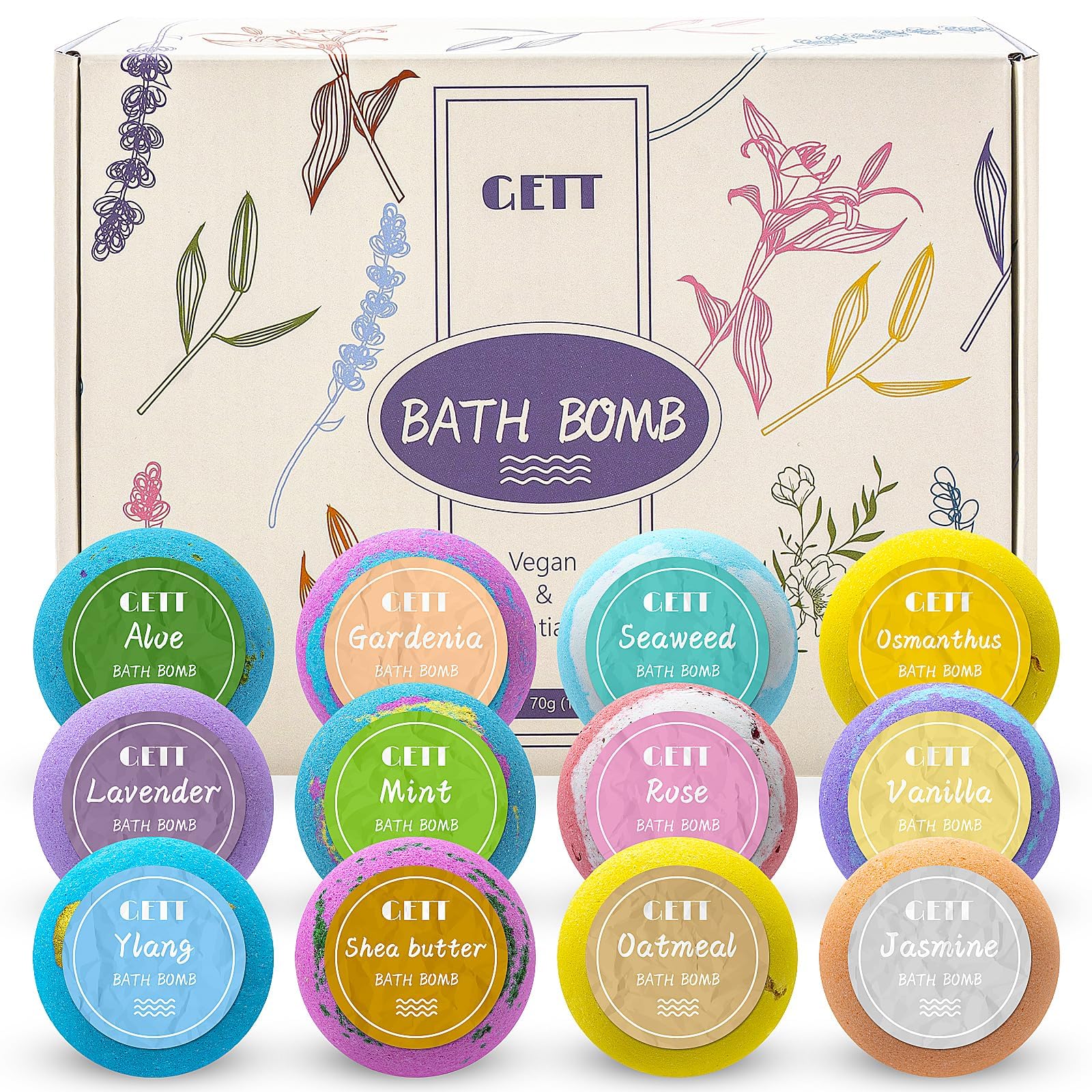 GETT Lavender Bath Bombs 4-pcs, Individually Wrapped Bath Bombs for Men & Women, Luxury Gift Set with Vegan and Essential Oils, Relaxing and Moisturizing Bubble Bath, Organic Bath Essentials for All