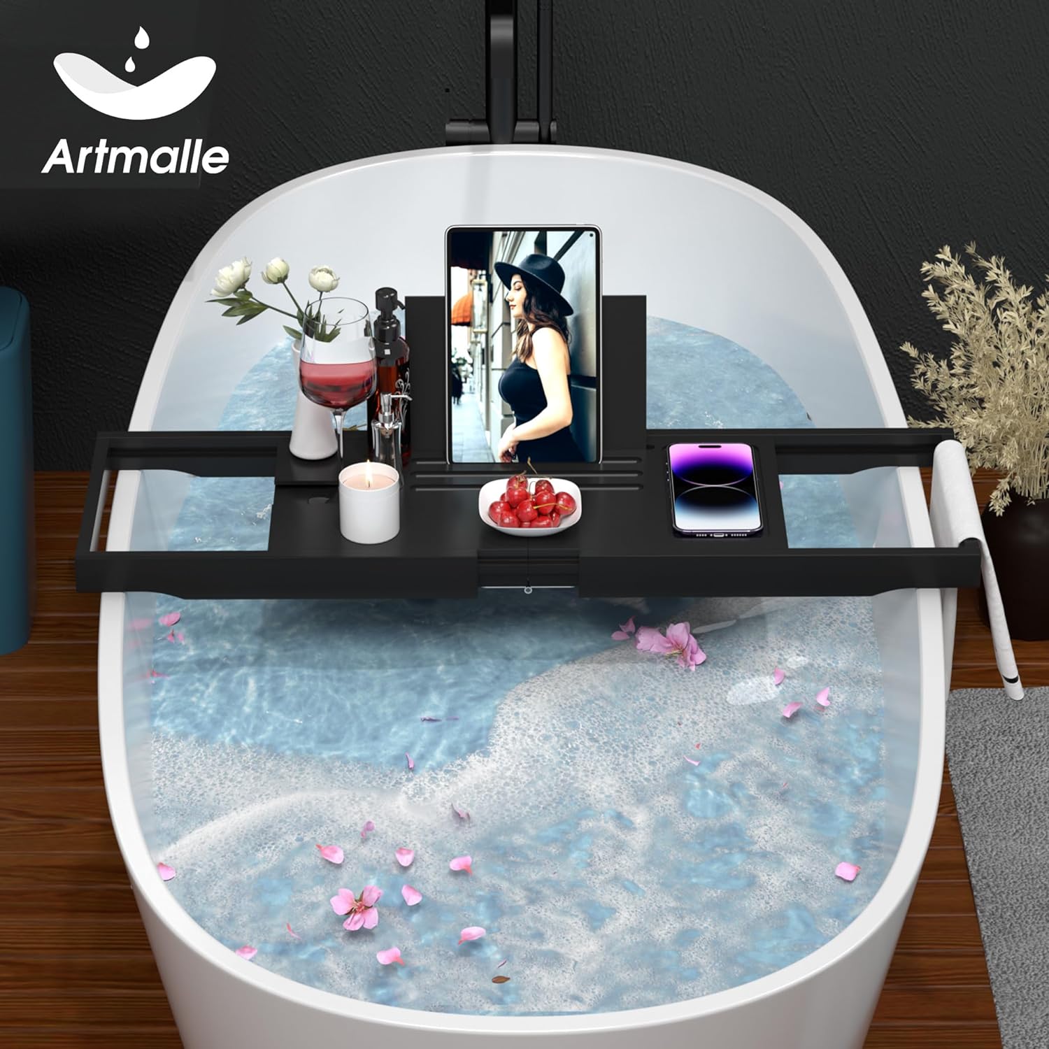 Artmalle Bathtub Caddy Tray for Tub,Foldable Bamboo Bath Table Tray with Book and Wine Glass Holder, Expandable Bathroom Accessories with Free Soap Dish Suitable for Luxury Spa or Reading