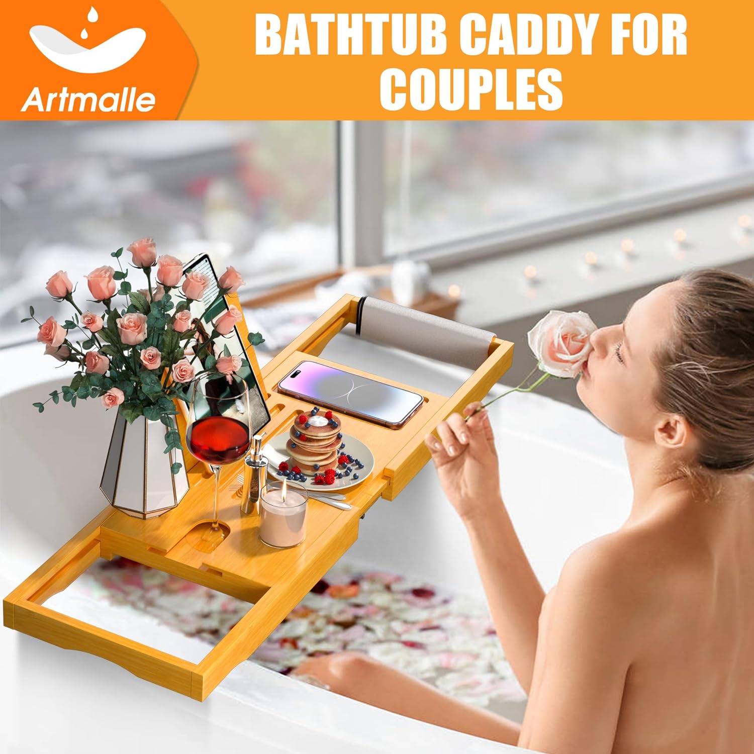 Artmalle Bathtub Caddy Tray for Tub,Foldable Bamboo Bath Table Tray with Book and Wine Glass Holder, Expandable Bathroom Accessories with Free Soap Dish Suitable for Luxury Spa or Reading