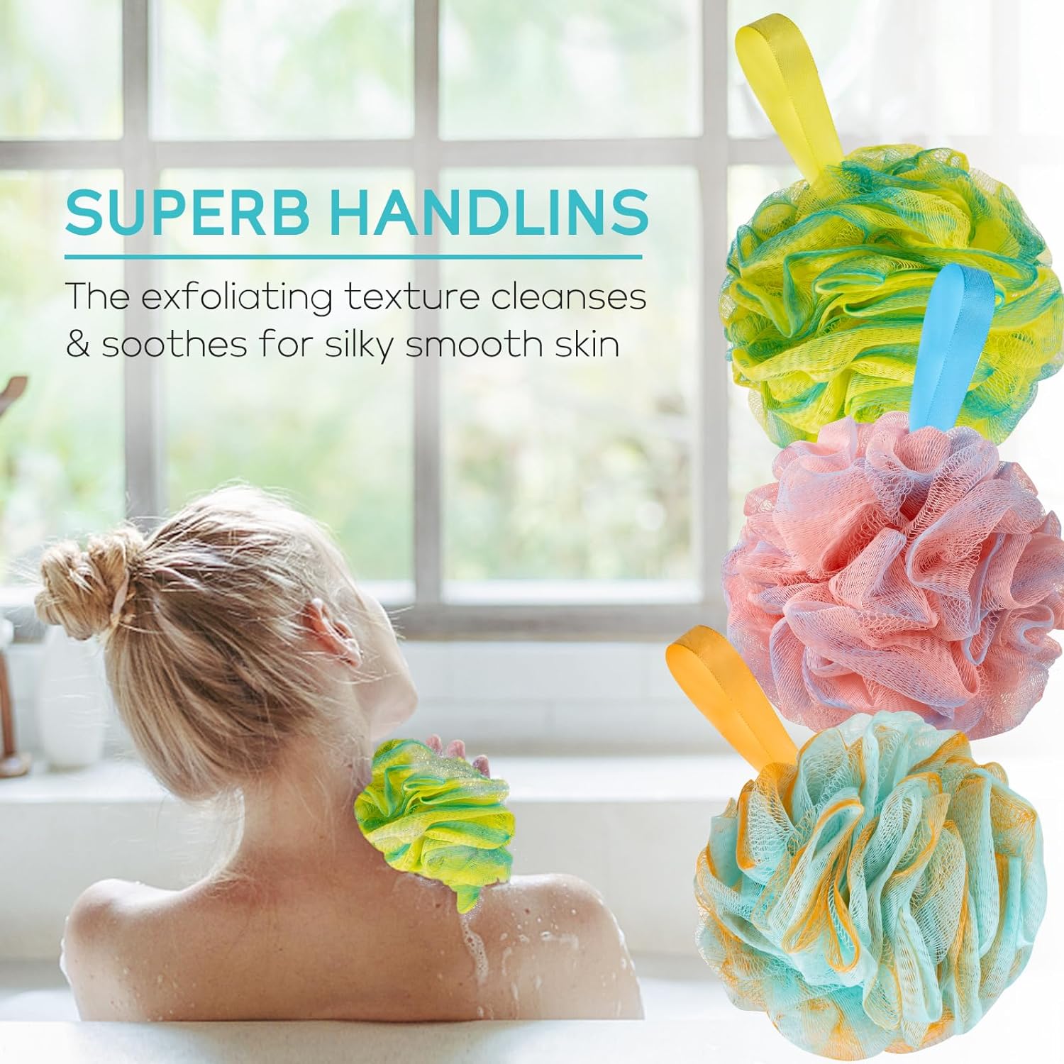 Multi Color Optional Shower Ball Soft Sponge Scrubbing, Exfoliating and Skincare Removing Bath Sponge Luffa Body Scrub Cotton Mesh Bag Shower Ball Exfoliating Bath Sponge3Pack (65g/pcs)