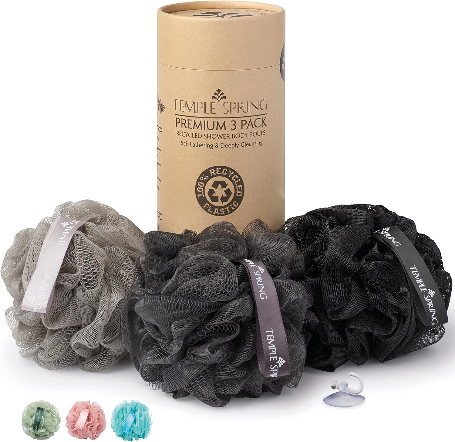 Shower Loofahs - 3 pack Natural Recycled Shower Poufs and Skin Scrubber Set for Men and Women - Exfoliating Body Bath Scrunchies Sponges for Bathroom & Shower