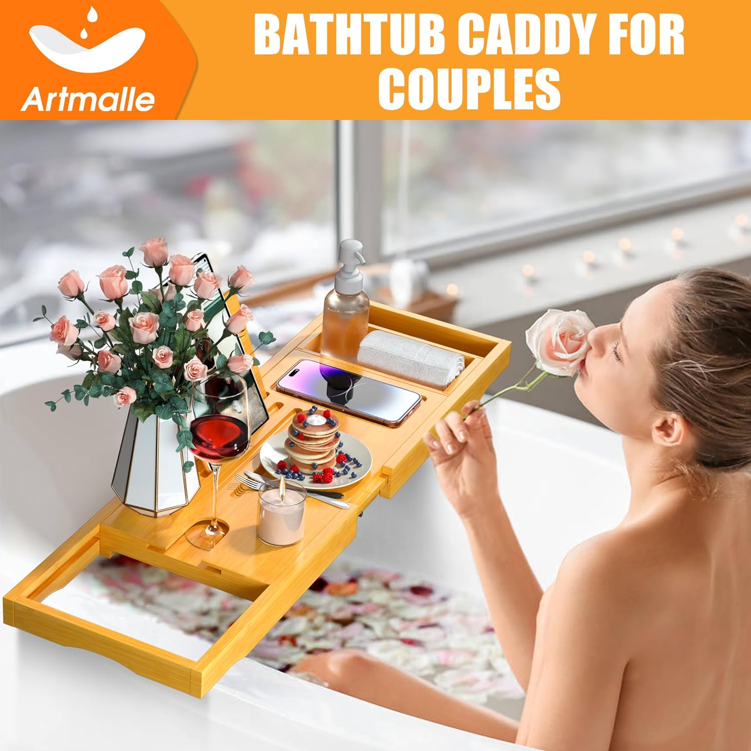 Artmalle Bathtub Caddy Tray for Tub,Foldable Bamboo Bath Table Tray with Book and Wine Glass Holder, Expandable Bathroom Accessories with Free Soap Dish Suitable for Luxury Spa or Reading