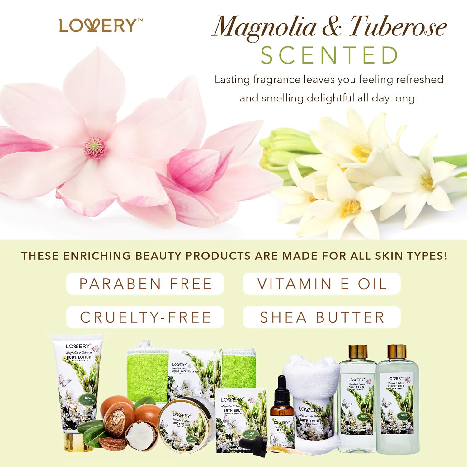 Valentines Day Gifts from Daughter and Son, Bath and Body Birthday Gift Basket For Women and Men – Magnolia & Tuberose Home Spa Set, Includes Fragrant Lotions, Massage Oil, Bath Towel & More - 9pc Set
