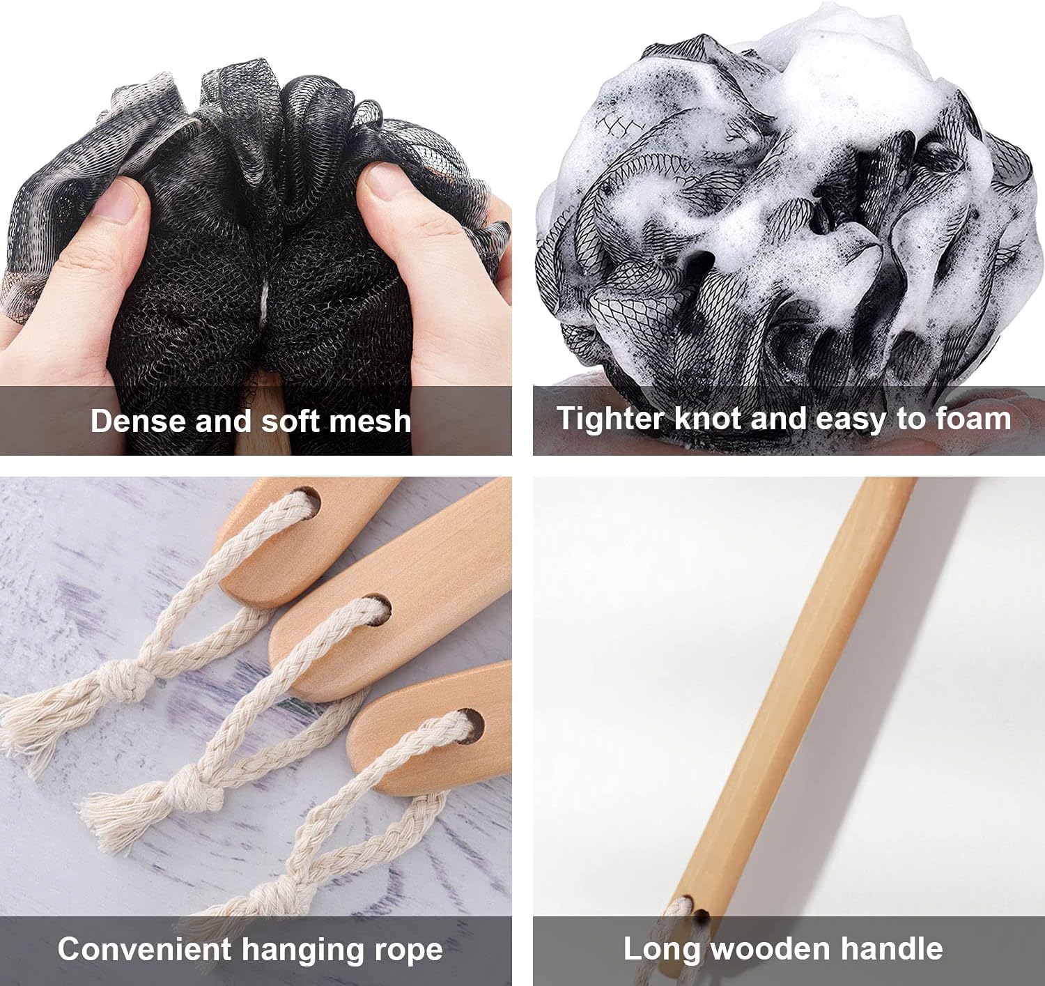 RASDDER Loofah with Handle, Loofah on a Stick, Loofah Sponge with Handle, PE Soft Mesh Luffa, Exfoliating Luffa on a Stick for Men and Women