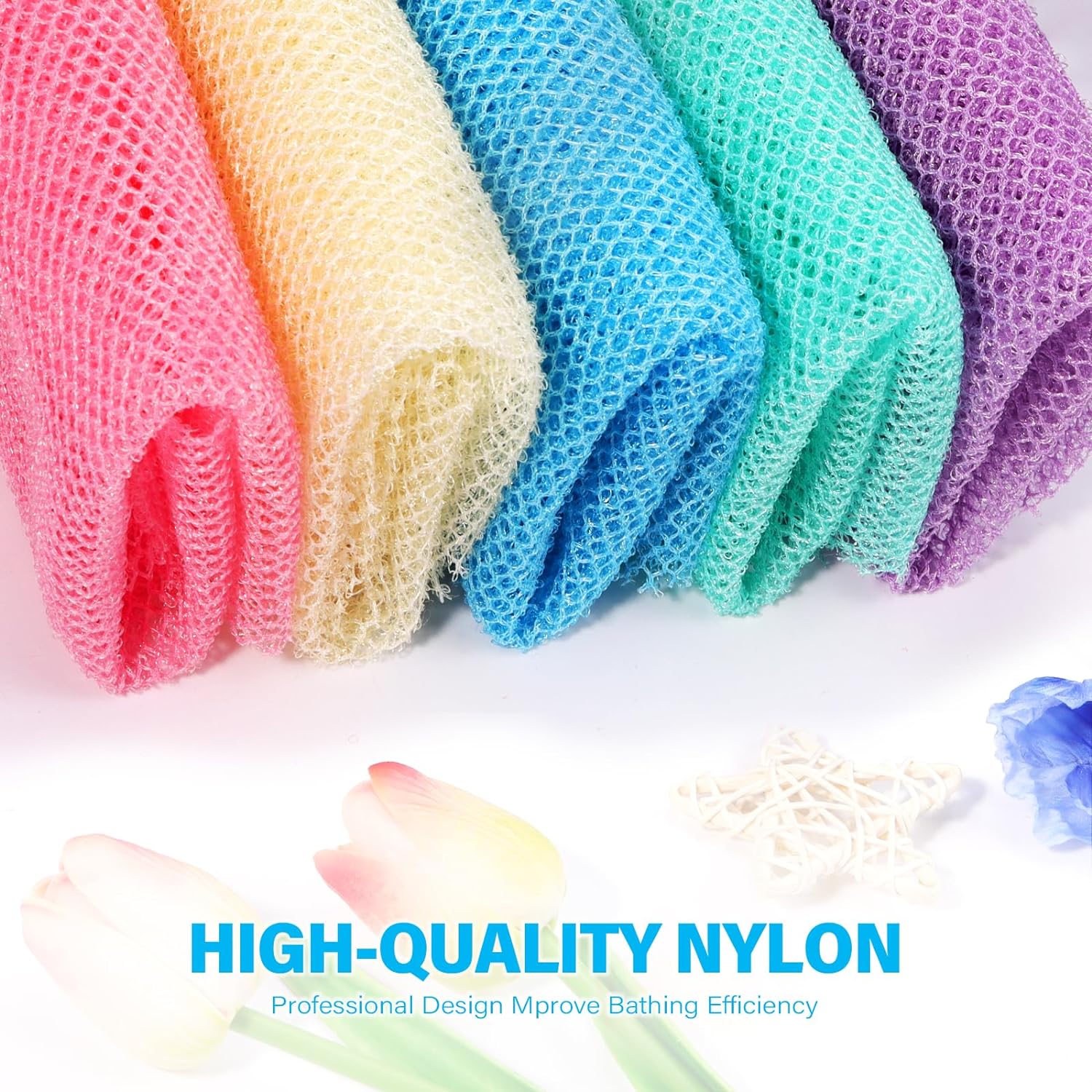 UJFQBH 3 Pieces African Bath Sponge African Net Long Net Bath Sponge Exfoliating Shower Body Scrubber Back Scrubber Skin Smoother,Great for Daily Use (Pink,Yellow,Purple)