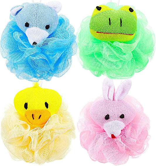 Animal Bath Sponge Body Scrubber Ball Loofah, Pack of 4 Assorted Colors Pink, Blue, Yellow, Green Mesh Shower Sponge Pouf with Hooks for Gentle Body Exfoliating, Great for Kids, Gifts