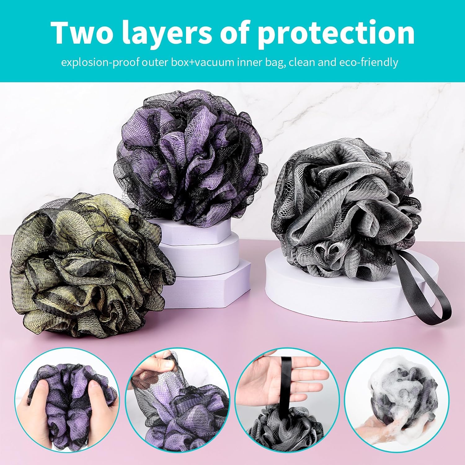 BCKENEY Bath Loofah Shower Sponge Body Back Scrubber Soft Mesh Shower Puffs Exfoliating Loofa for Women & Men Bath Accessories Cleaning Tool(4Pack 60G Forest Fairy)