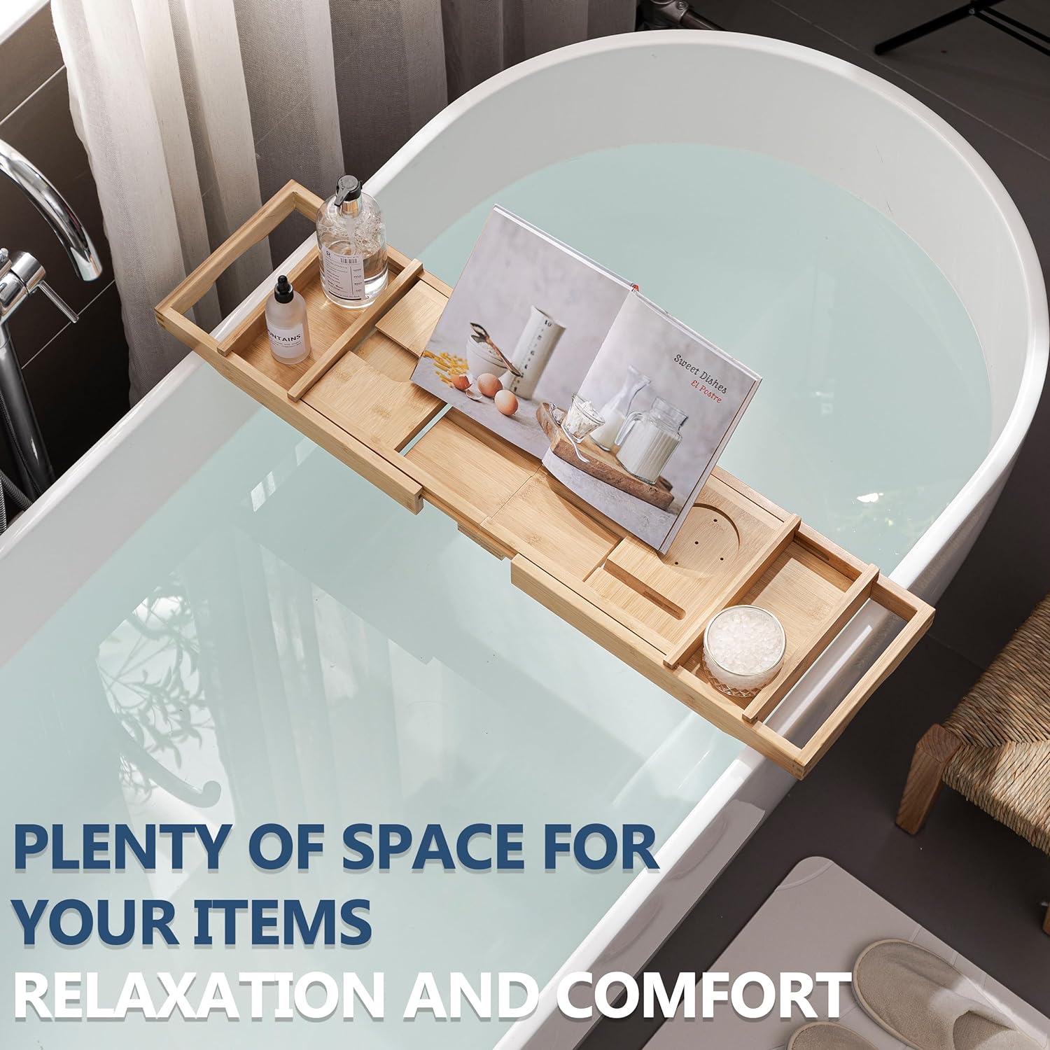 HBlife Bathtub Caddy Tray Foldable Bamboo Bath Table Tray with Book and Wine Glass Holder, Expandable Bathroom Accessories