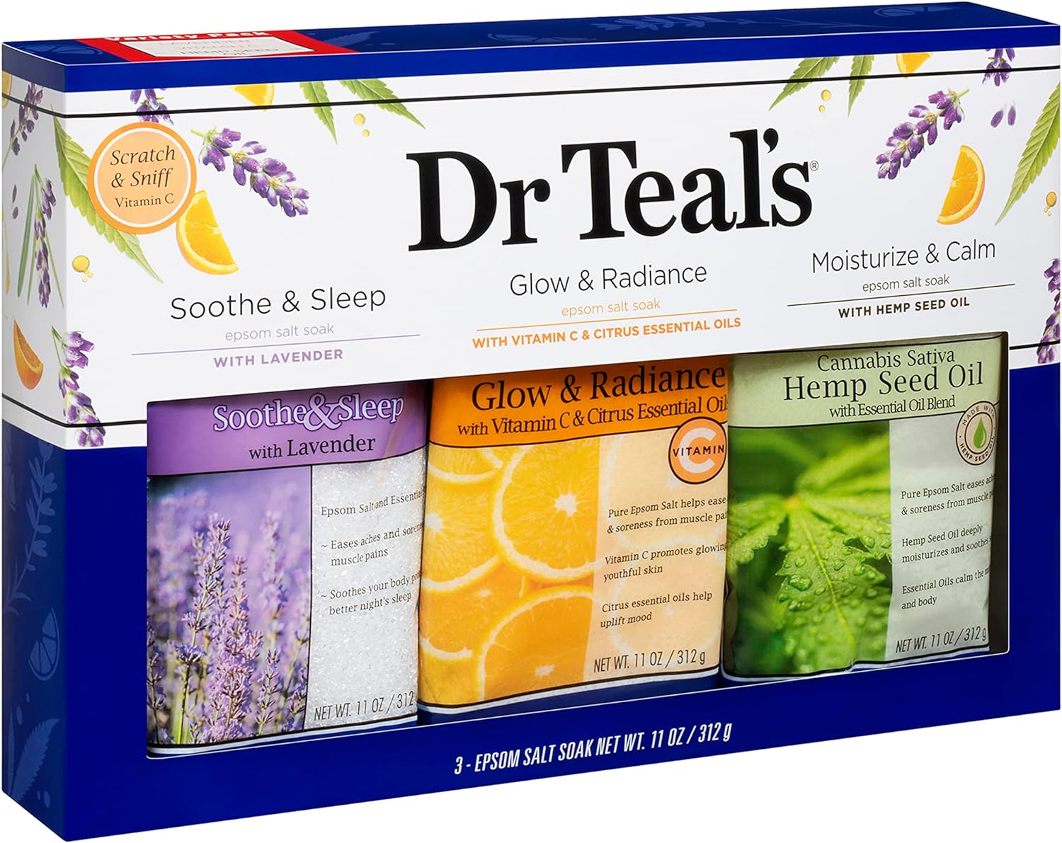 Dr Teal's Epsom Salt Trio Gift Set (3 14 oz Bags) - Soothe & Sleep, Glow Radiance, Moisturize Calm Treat Youe Skin, Senses, Stress at Home Spa Kit Achy Muscles 42 Ounce)