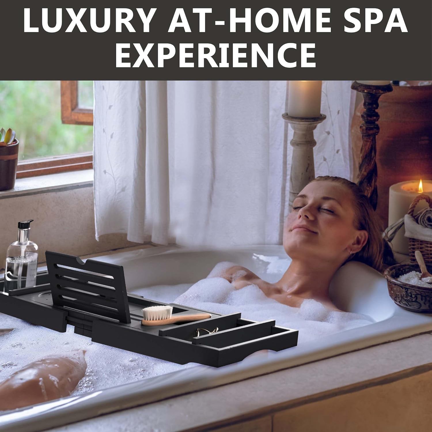 HBlife Bathtub Caddy Tray Foldable Bamboo Bath Table Tray with Book and Wine Glass Holder, Expandable Bathroom Accessories