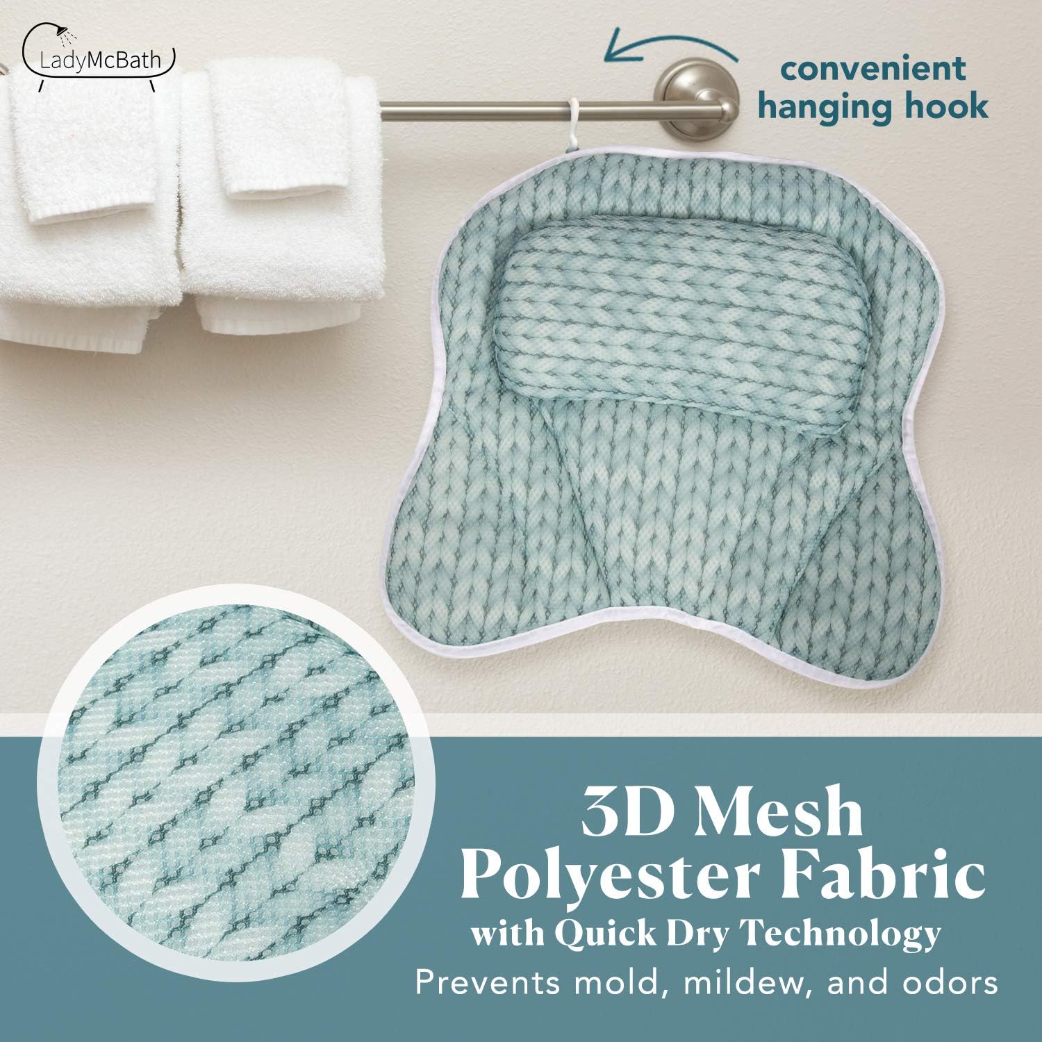 Lady McBath Bath Pillow - Luxury Bath Pillows for Tub Neck and Back Support - Powerful Suction Cups, Machine Washable Bathtub Accessory for Relaxation (Turquoise)