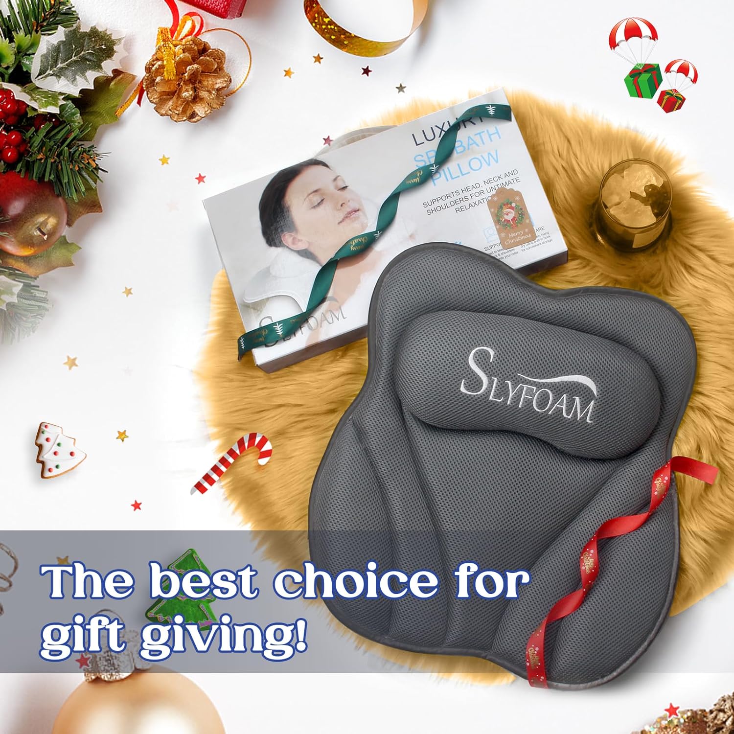 Bath Pillow for Tub Neck and Back Support Bathtub Pillow Essential Bath Accessory for Soaking, Jacuzzi or Spa Bathtub, Luxury Soft 4D Bath Tub Pillow with Strong Suction Cups for Body Relaxing - Grey