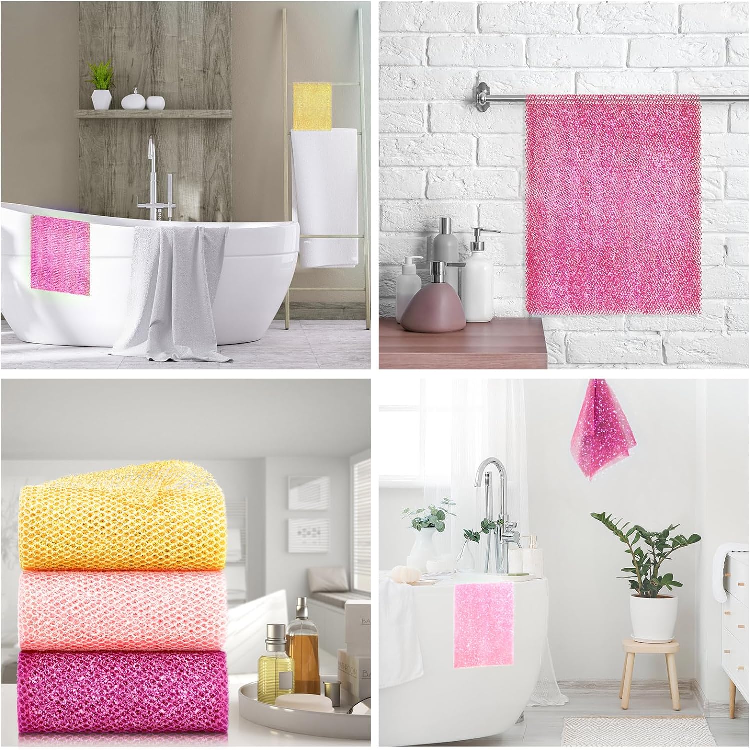 UJFQBH 3 Pieces African Bath Sponge African Net Long Net Bath Sponge Exfoliating Shower Body Scrubber Back Scrubber Skin Smoother,Great for Daily Use (Pink,Yellow,Purple)