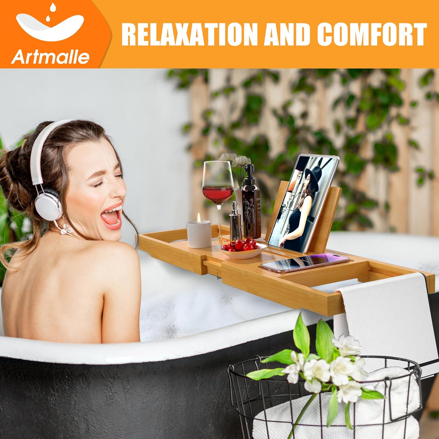 Artmalle Bathtub Caddy Tray for Tub,Foldable Bamboo Bath Table Tray with Book and Wine Glass Holder, Expandable Bathroom Accessories with Free Soap Dish Suitable for Luxury Spa or Reading