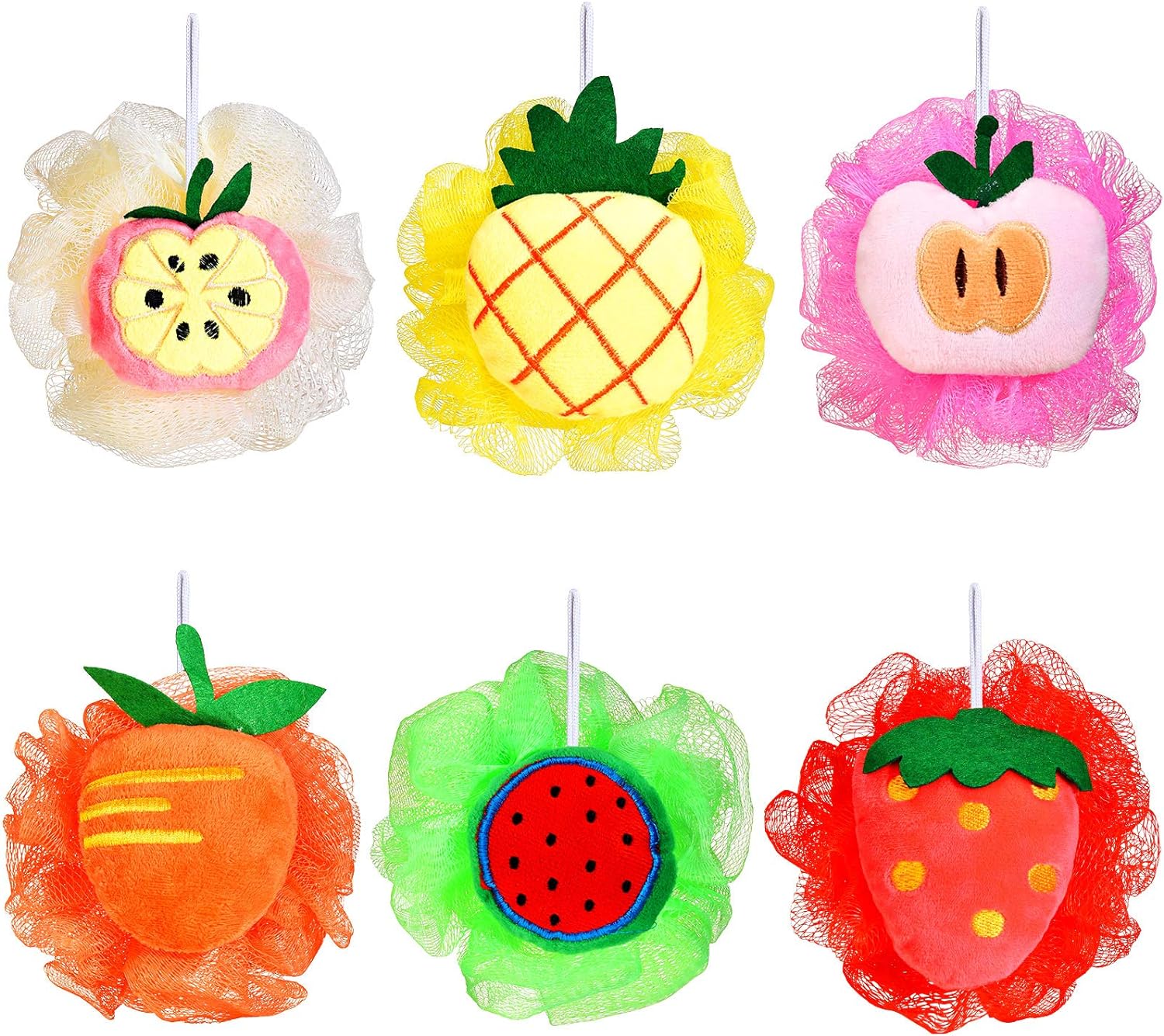 6 Pieces Cute Fruit Bath Shower Sponge Loofahs Mesh Pouf Shower Ball Colorful Cartoon Body Scrubber Balls Shower Mesh for Kids Adults