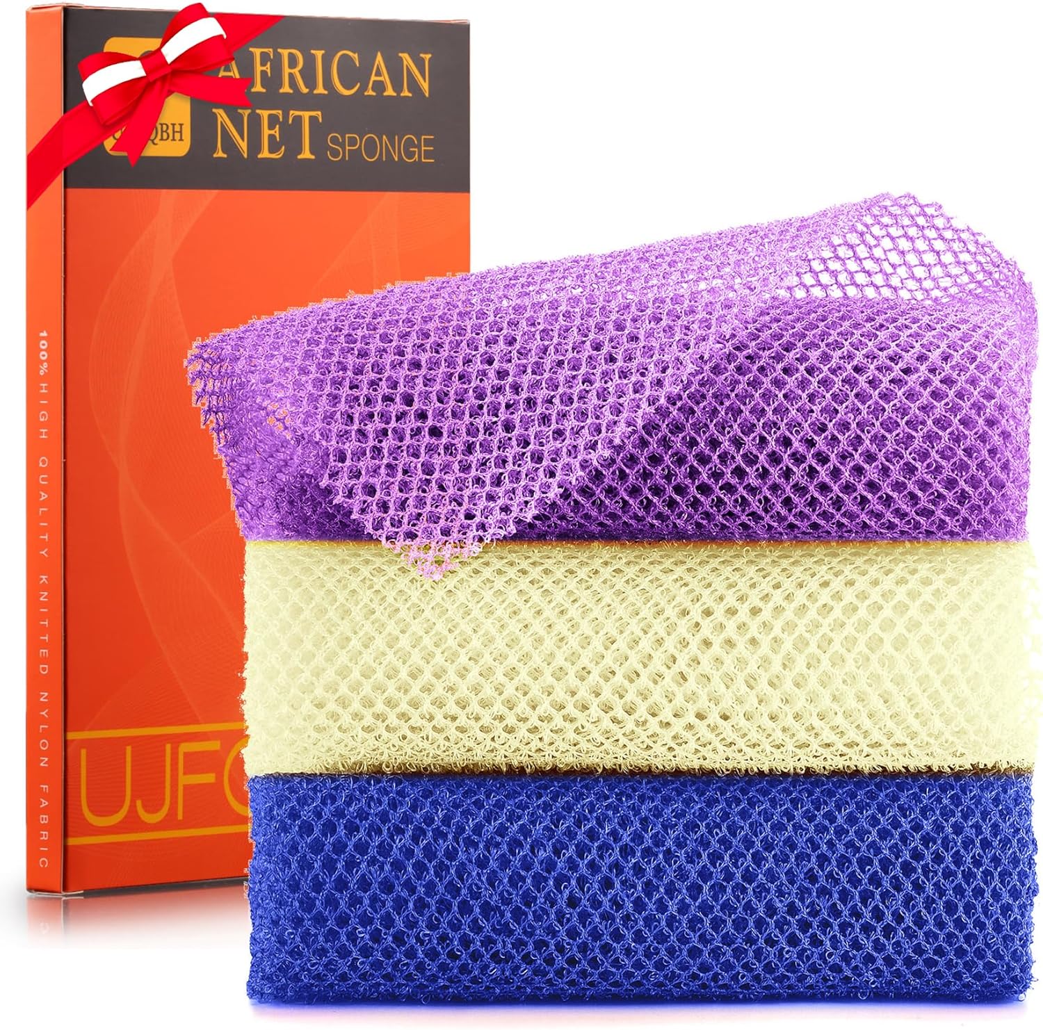 UJFQBH 3 Pieces African Bath Sponge African Net Long Net Bath Sponge Exfoliating Shower Body Scrubber Back Scrubber Skin Smoother,Great for Daily Use (Pink,Yellow,Purple)