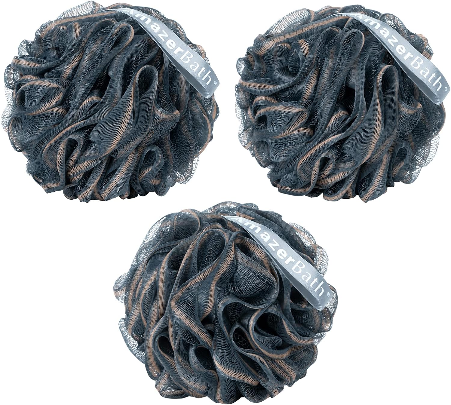 AmazerBath Loofah Sponge, Shower Loofah for Men and Women - Body Scrubber Loofa Set of 3 Classic Black & White Edge, Bath Sponge 60g/PCS