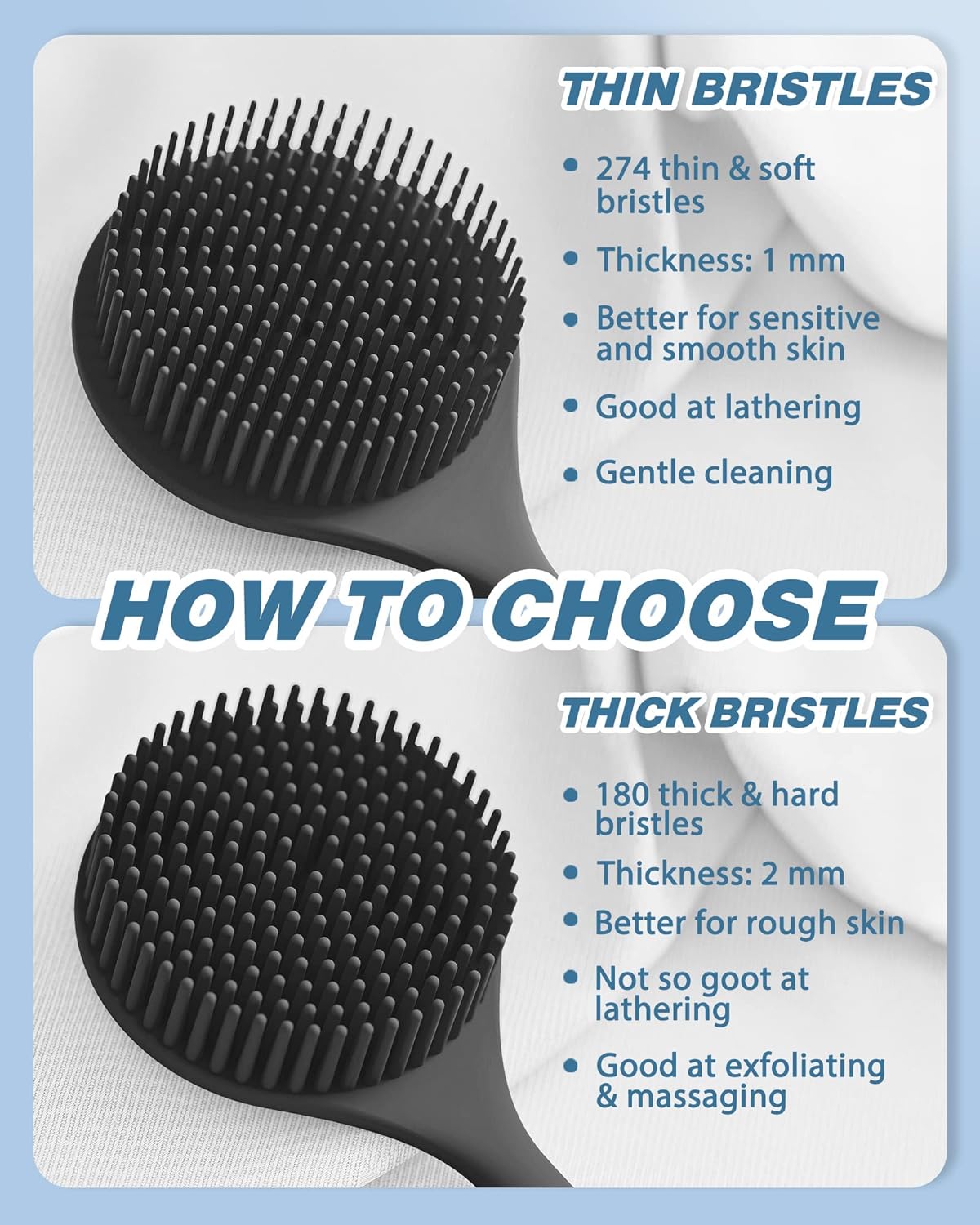 Manmihealth Silicone Back Scrubber(Thick Bristles) & Soft Bath Glove Set, Super-Exfoliating Body Scrubber & Super-Lathering Shower Brush Combination, with a Free Hook.(Black)